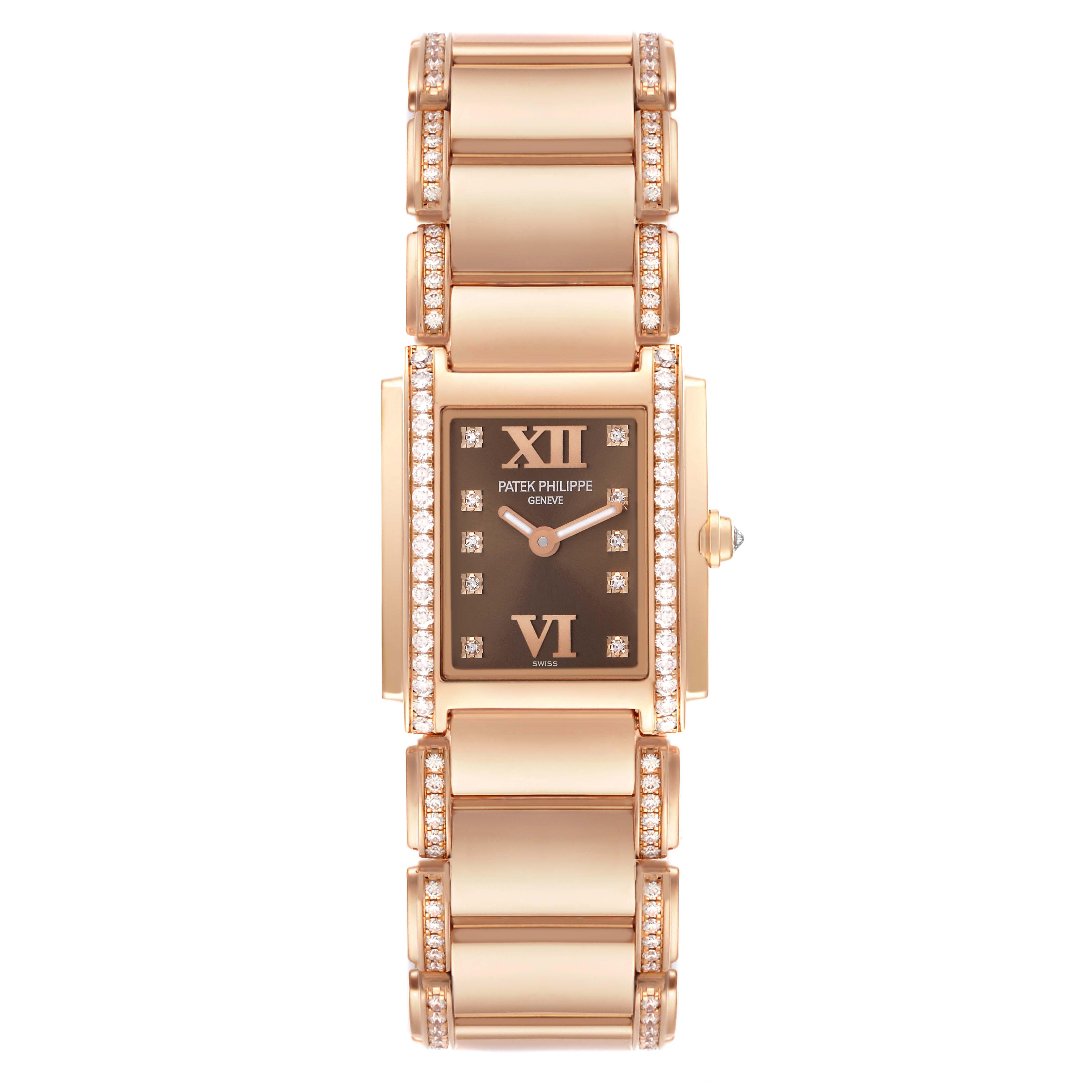The Patek Philippe Twenty-4 4908/30R Women
s Rose Gold Brown Dial 4908/30R Women
s Rose Gold Brown Dial watch is shown from the front, highlighting its dial, bezel, and bracelet.