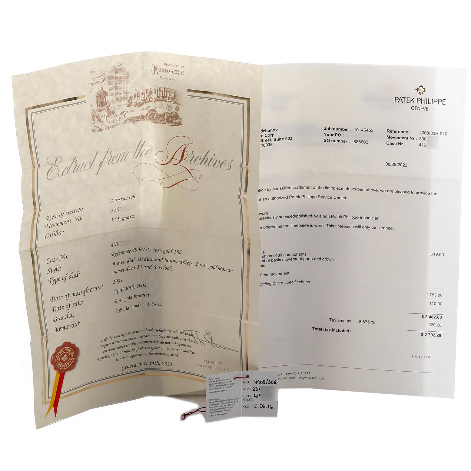 The image shows documents and tags related to the Patek Philippe Twenty-4 4908/30R Women
s Rose Gold Brown Dial 4908/30R Women
s Rose Gold Brown Dial watch, including an "Extract from the Archives."
