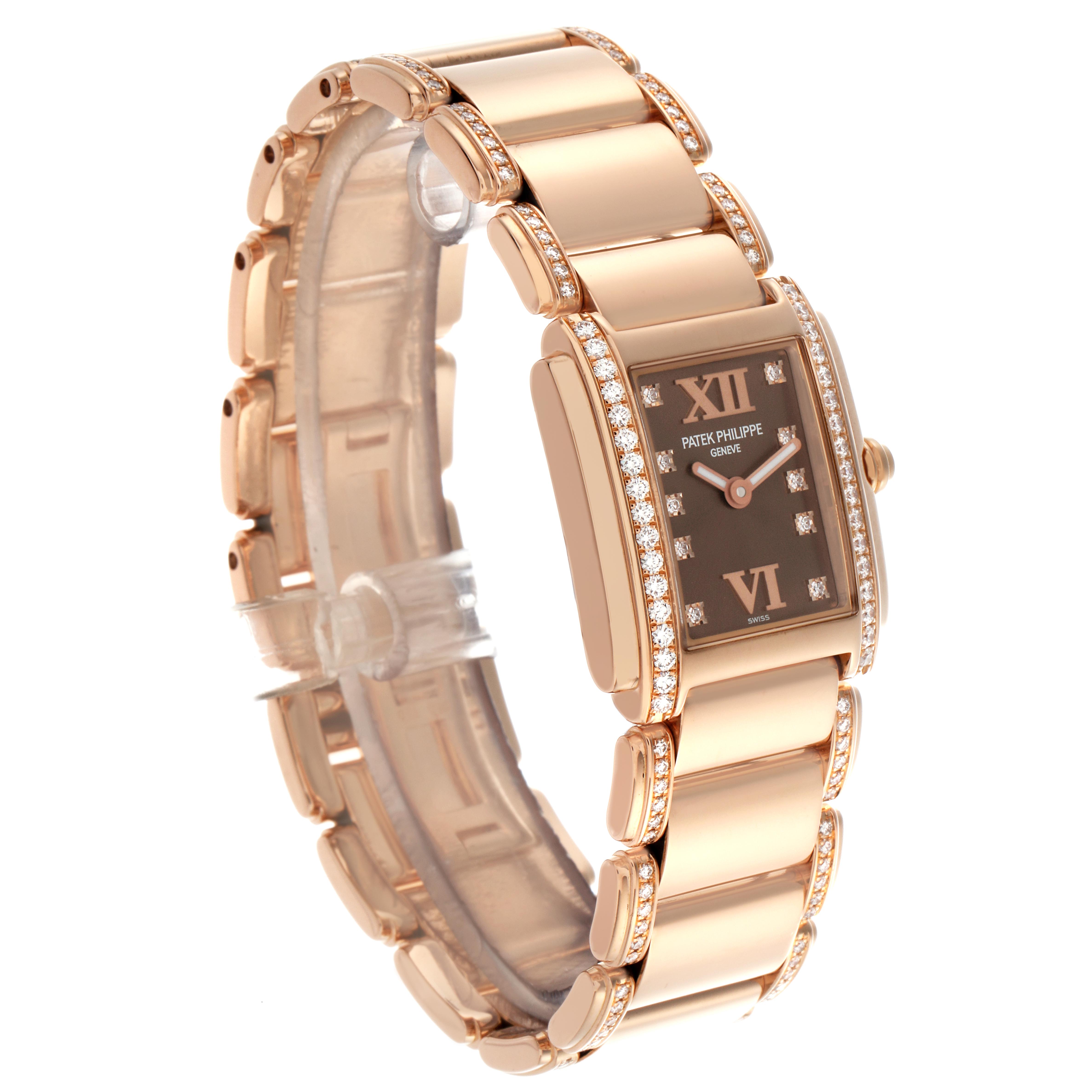 The image shows a Patek Philippe Twenty-4 4908/30R Women
s Rose Gold Brown Dial 4908/30R Women
s Rose Gold Brown Dial watch from a three-quarter angle, highlighting the bracelet and diamond-set bezel.