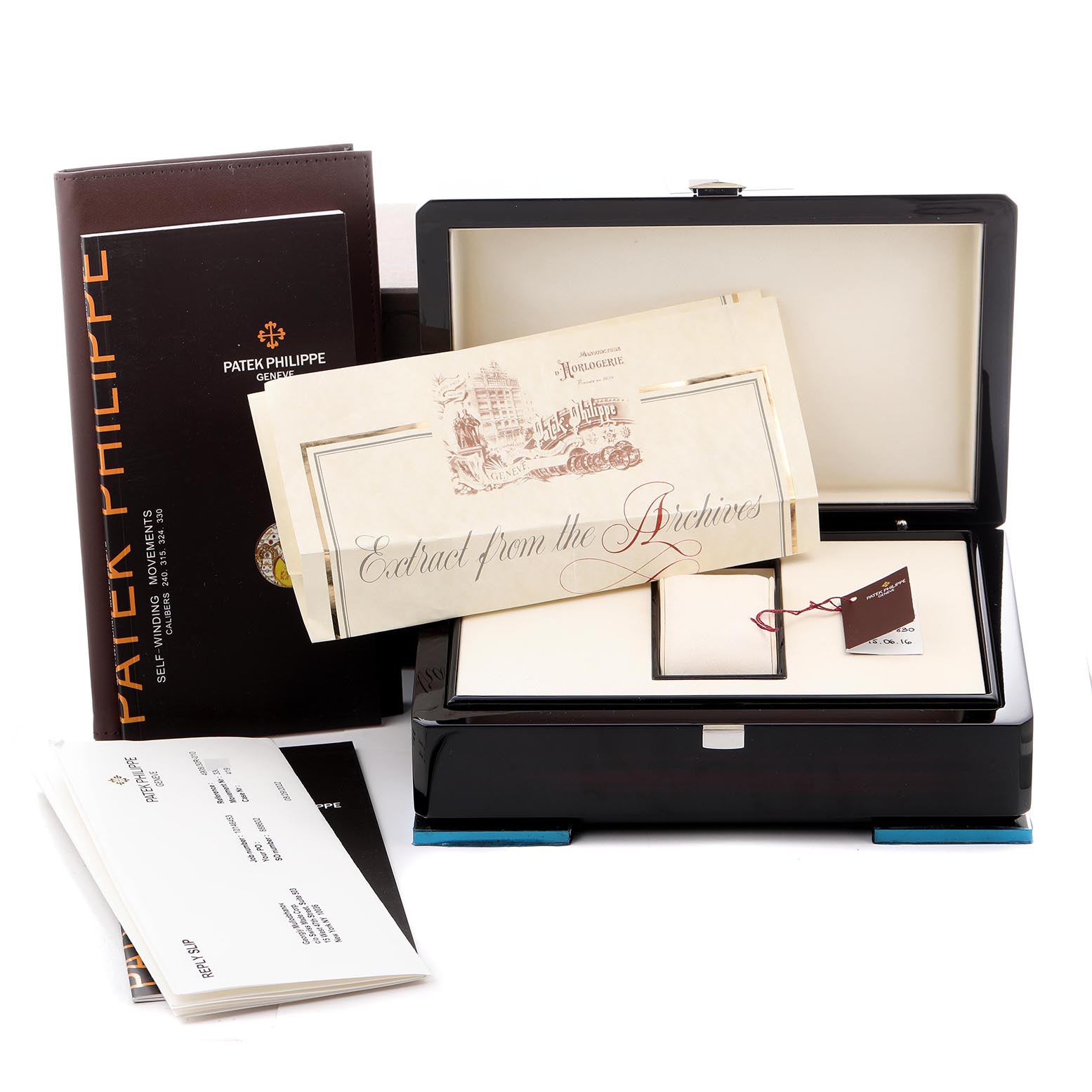 The image shows a Patek Philippe Twenty-4 4908/30R Women
s Rose Gold Brown Dial 4908/30R Women
s Rose Gold Brown Dial model box with documentation and an "Extract from the Archives" certificate.