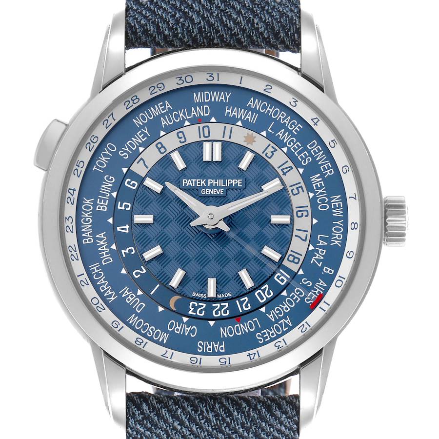 The Patek Philippe Complications watch is shown from the front, highlighting its dial, bezel, and strap.