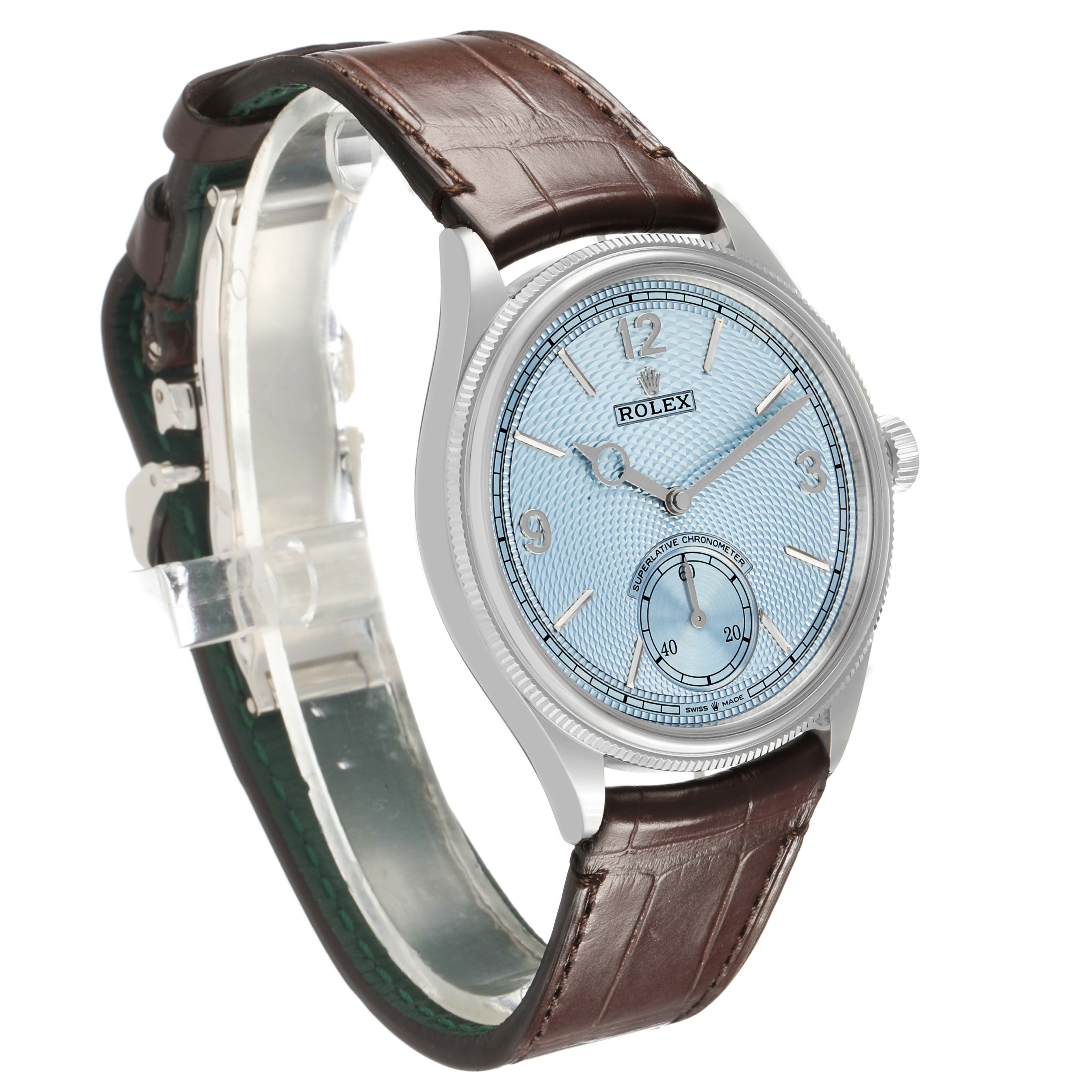 The Rolex 1908 52506 Men's Platinum Blue Dial model is shown at an angled view displaying the dial, bezel, case, and brown leather strap.