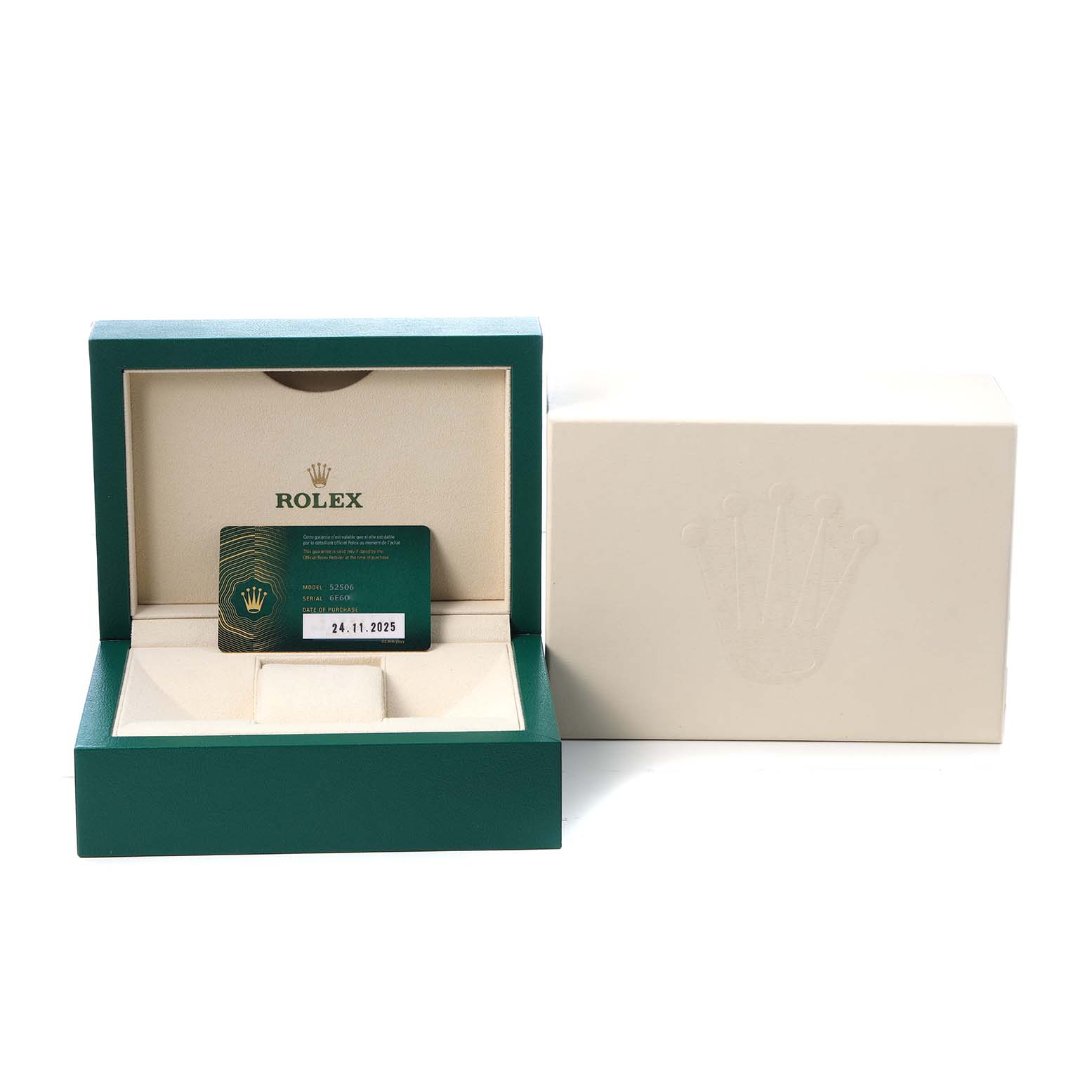 The image shows a Rolex 1908 52506 Men's Platinum Blue Dial model box and warranty card, viewed from the front with the box open.