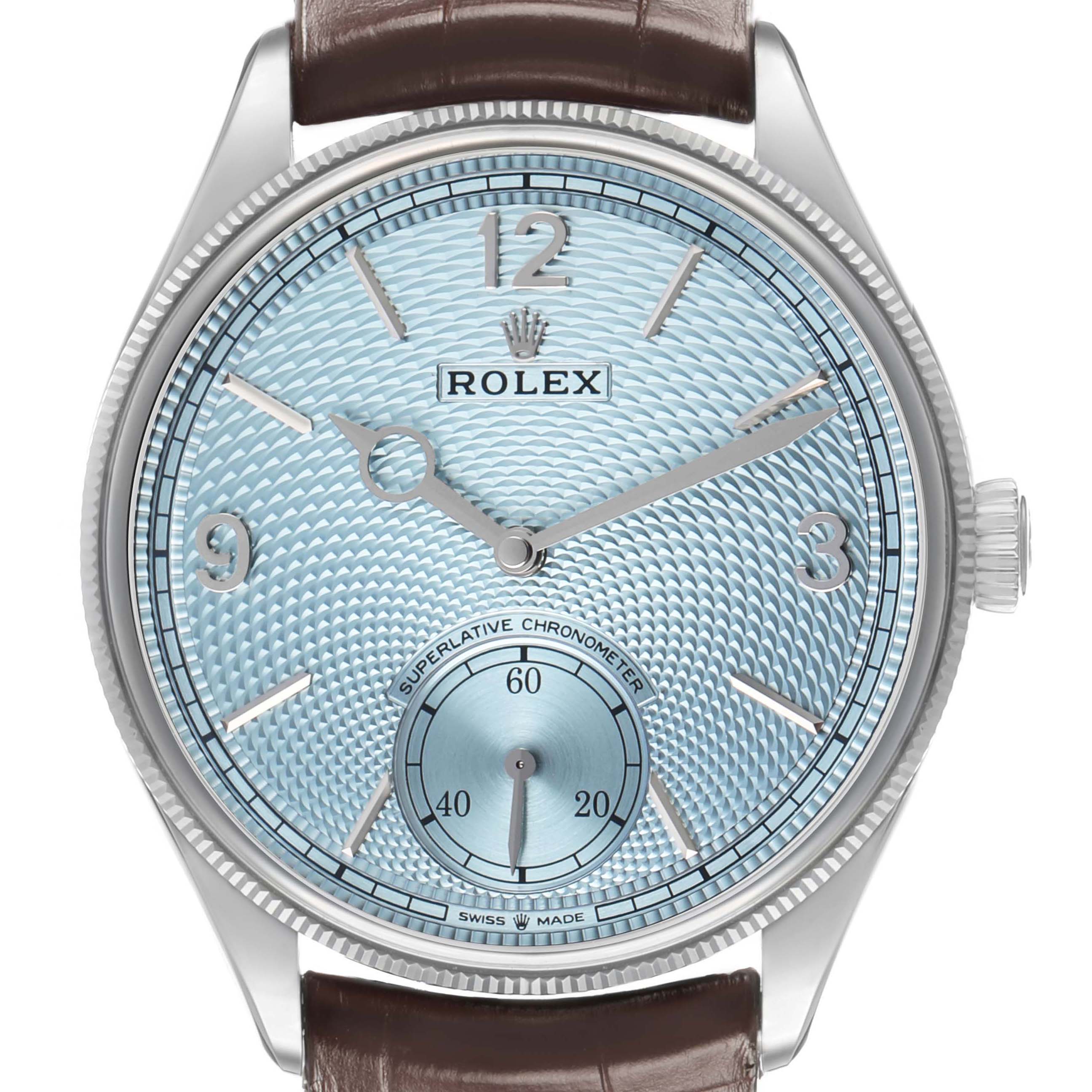 The Rolex 1908 52506 Men's Platinum Blue Dial model is shown from the front, highlighting the dial, numerals, hands, and crown.