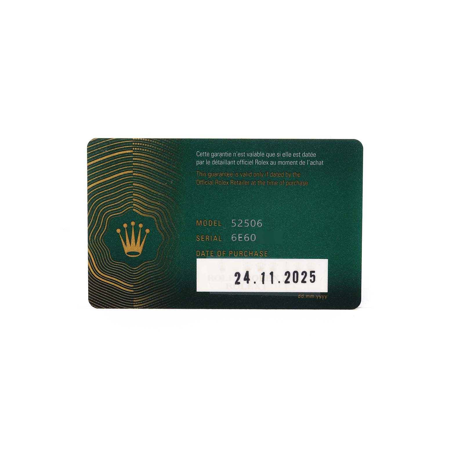 The image shows a green Rolex warranty card for the 1908 model, featuring model and serial numbers.