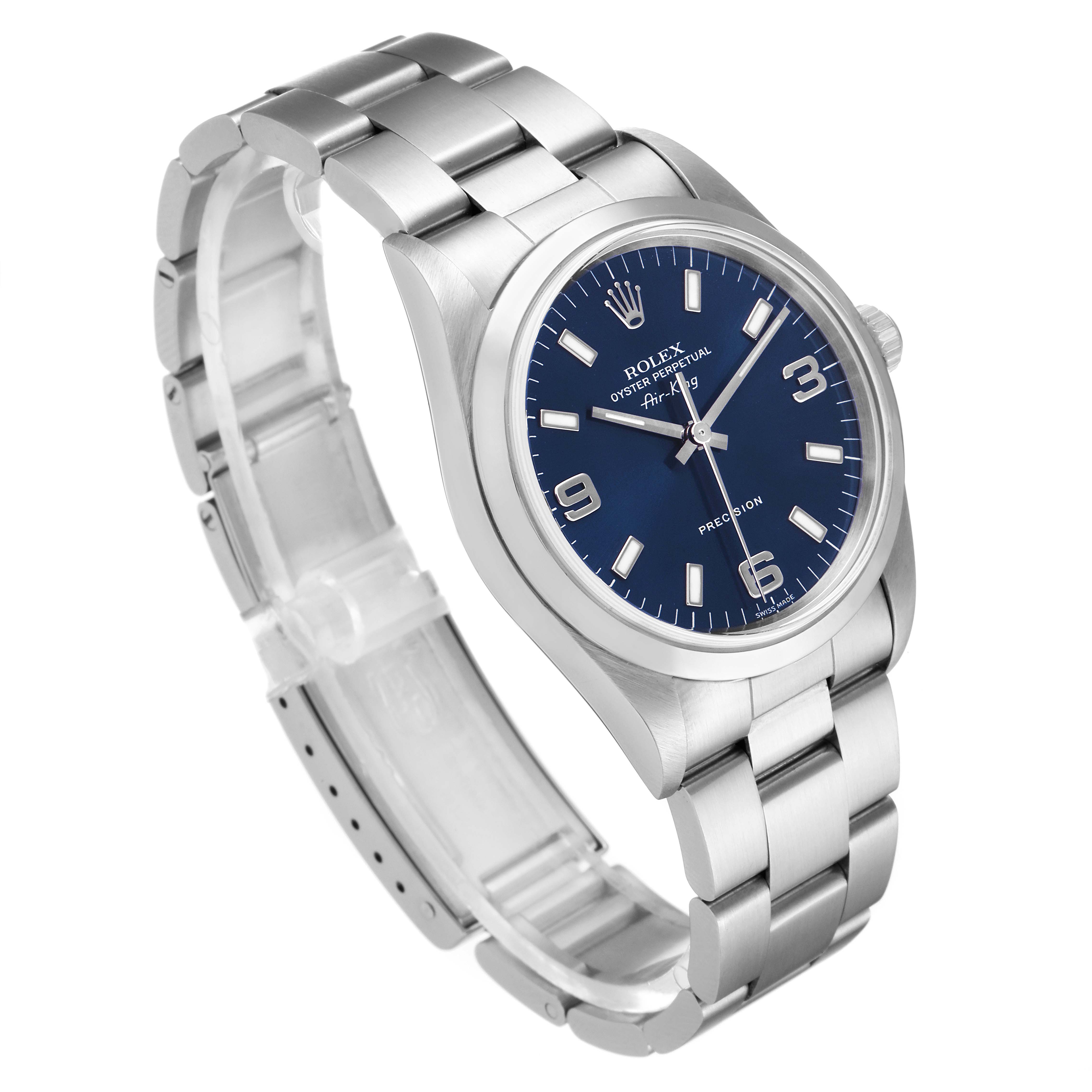 The Rolex Air-King 14000 Men's Stainless Steel Blue Dial 14000 Men's Stainless Steel Blue Dial watch is shown at a slight angle highlighting its blue dial, stainless steel bracelet, and case.