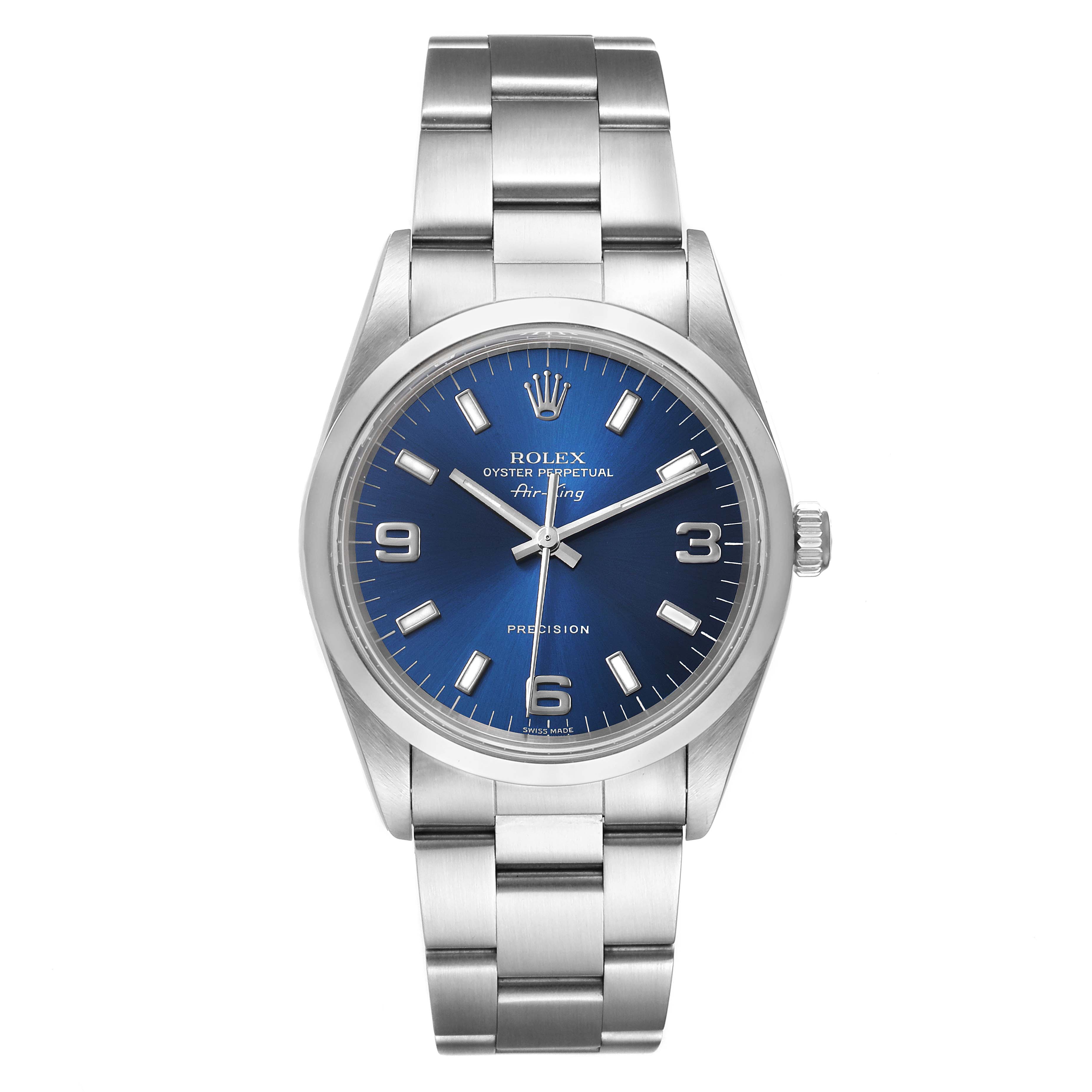The image shows a front view of a Rolex Air-King 14000 Men's Stainless Steel Blue Dial 14000 Men's Stainless Steel Blue Dial watch, displaying its dial, bezel, case, and bracelet.