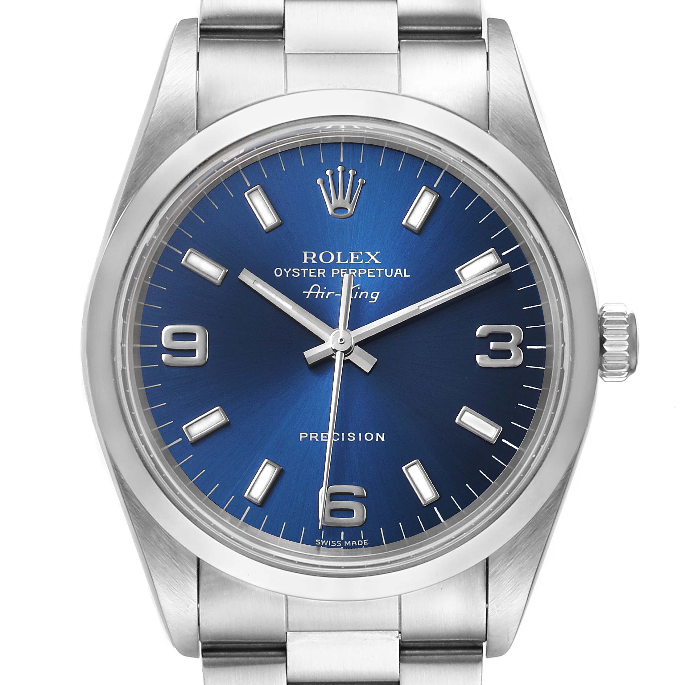 The image shows a front view of the Rolex Air-King 14000 Men's Stainless Steel Blue Dial 14000 Men's Stainless Steel Blue Dial watch, highlighting its blue dial, crown, and bracelet.