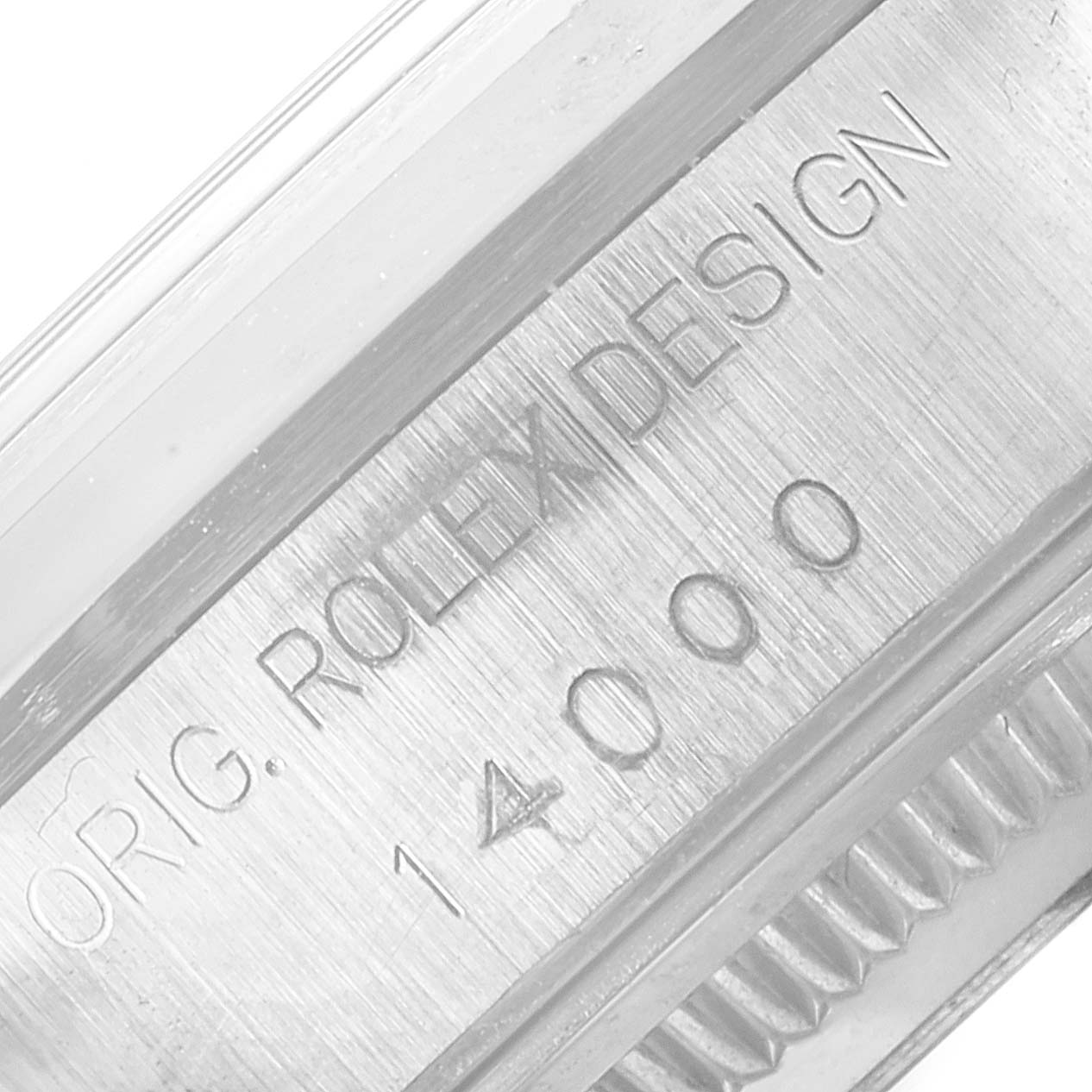 The image shows a close-up angle of the engraved caseback of a Rolex Air-King 14000 Men's Stainless Steel Blue Dial 14000 Men's Stainless Steel Blue Dial model watch with the serial number 14000.