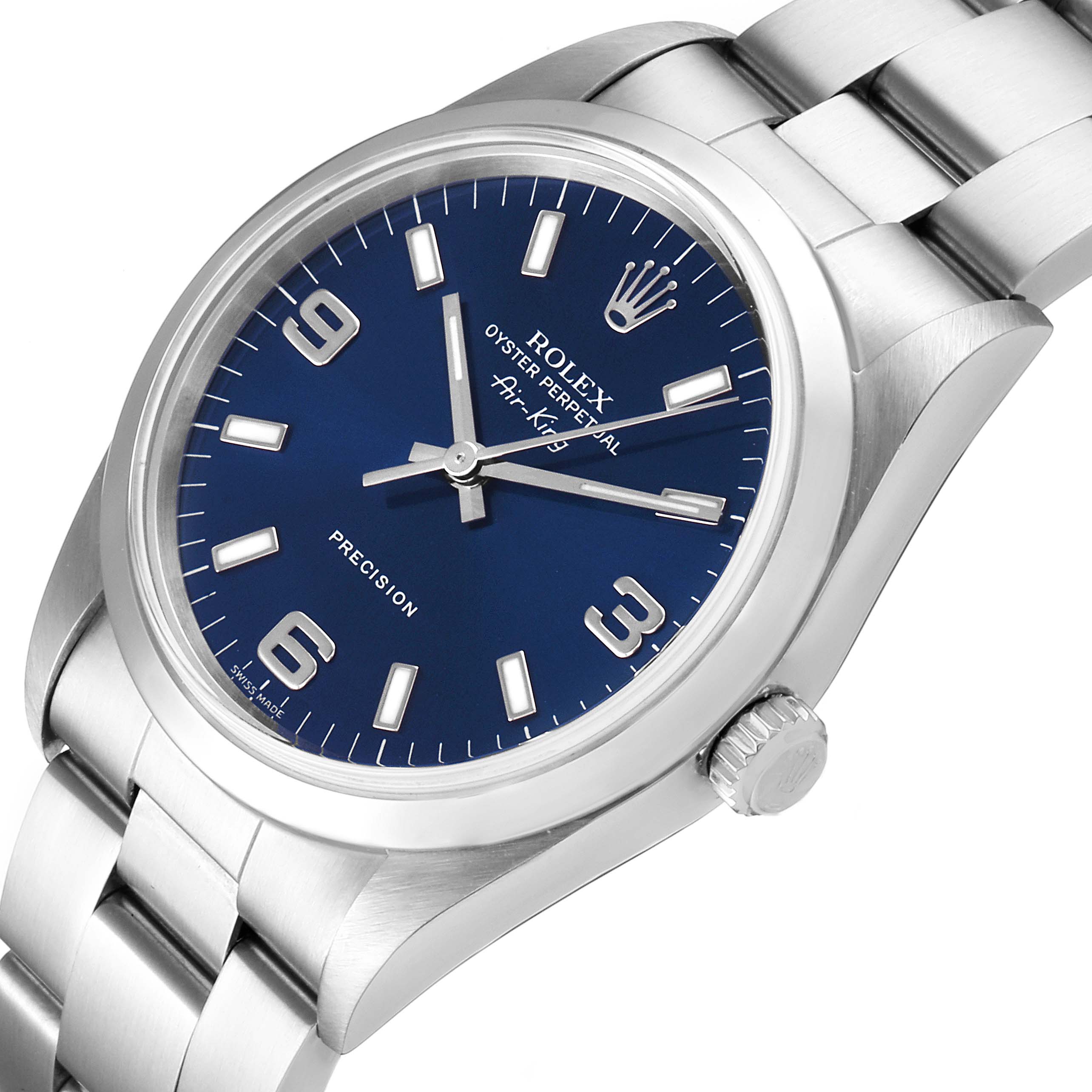 The Rolex Air-King 14000 Men's Stainless Steel Blue Dial 14000 Men's Stainless Steel Blue Dial watch is shown at an angled top-down view, highlighting its blue dial, silver indices, and metal bracelet.