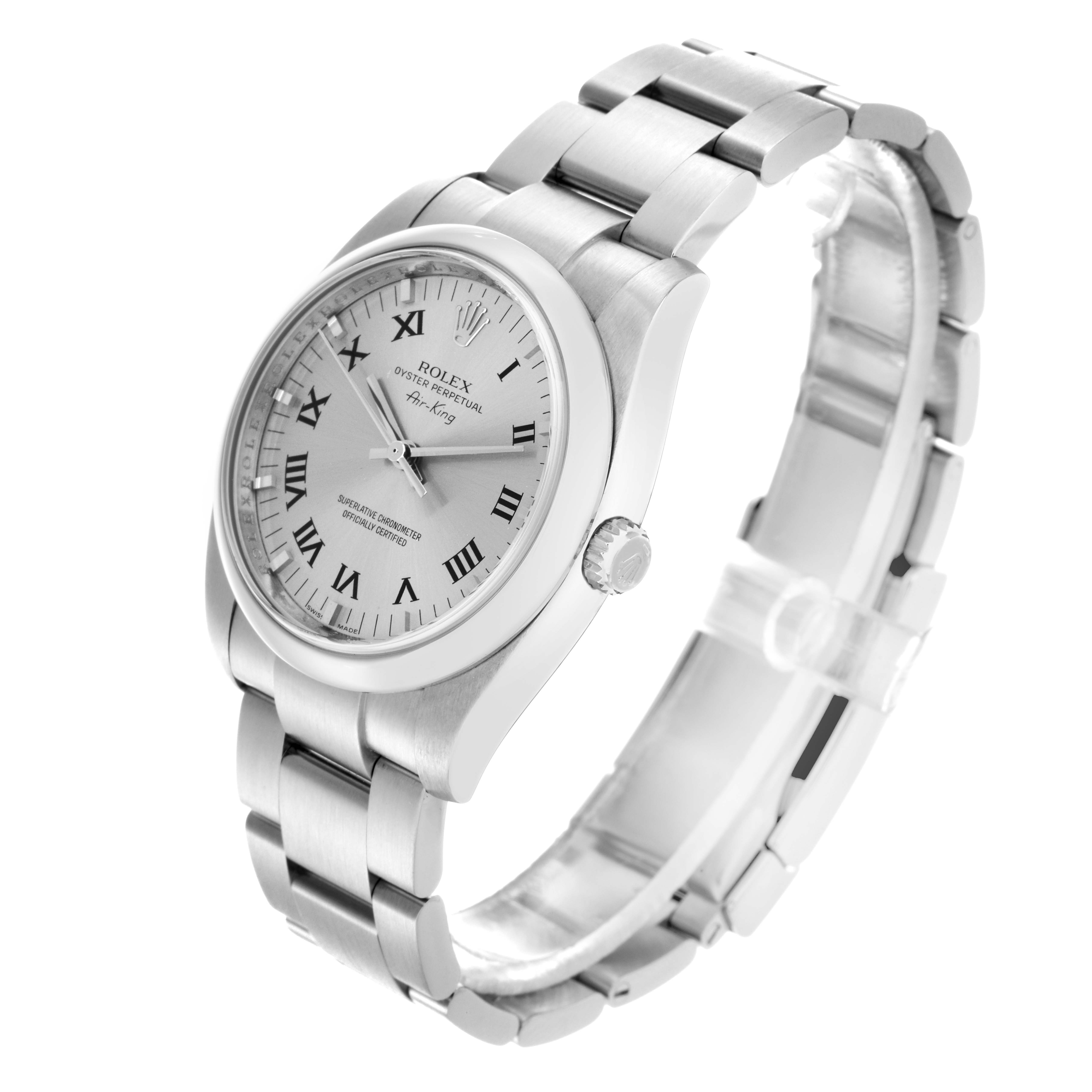 The Rolex Air-King 114200 Men
s Stainless Steel Silver Dial 114200 Men
s Stainless Steel Silver Dial watch is shown at a three-quarter angle, highlighting the dial, crown, and bracelet.