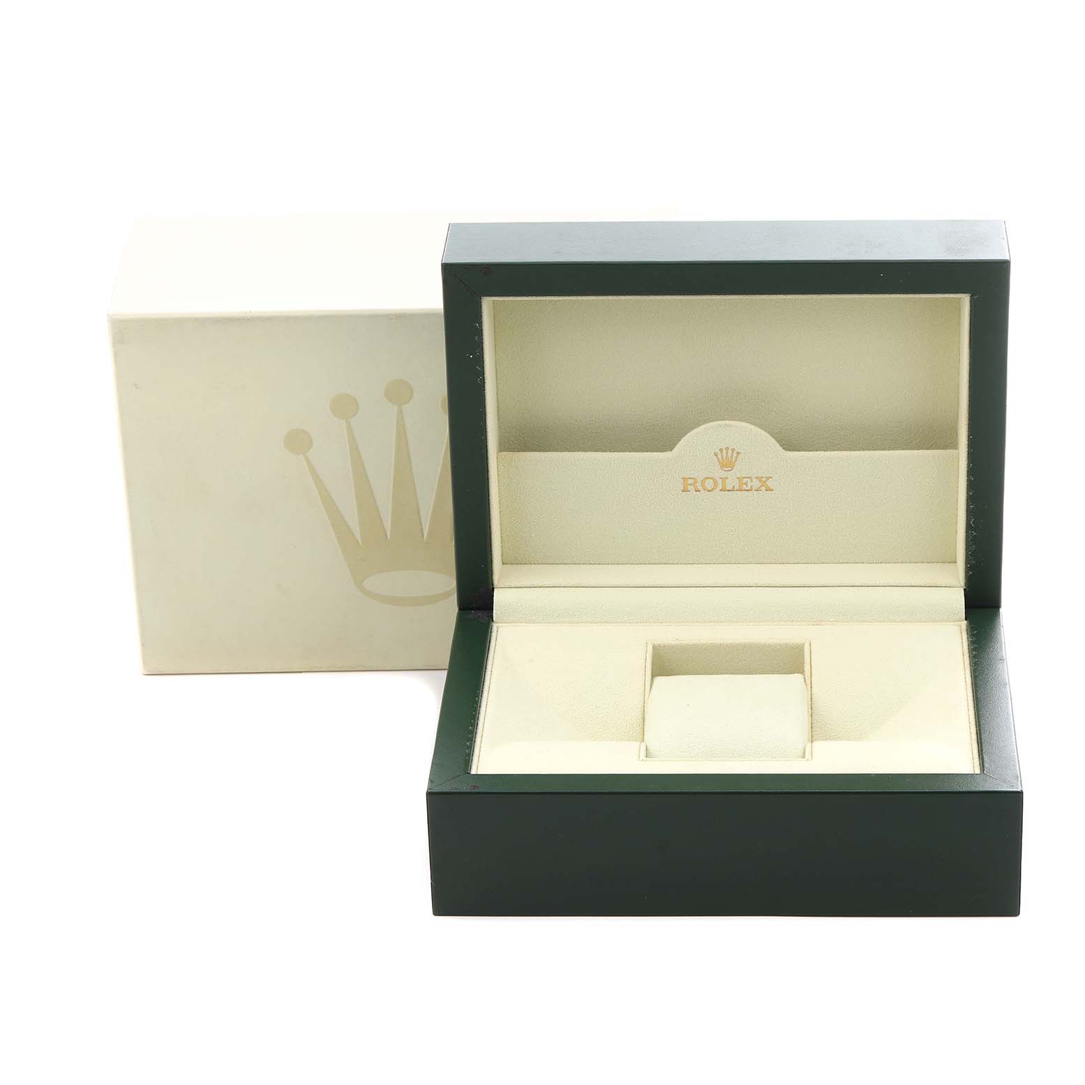 The image shows an empty Rolex Air-King 114200 Men
s Stainless Steel Silver Dial 114200 Men
s Stainless Steel Silver Dial watch box, viewed from the front with its lid open, showcasing the interior compartment.