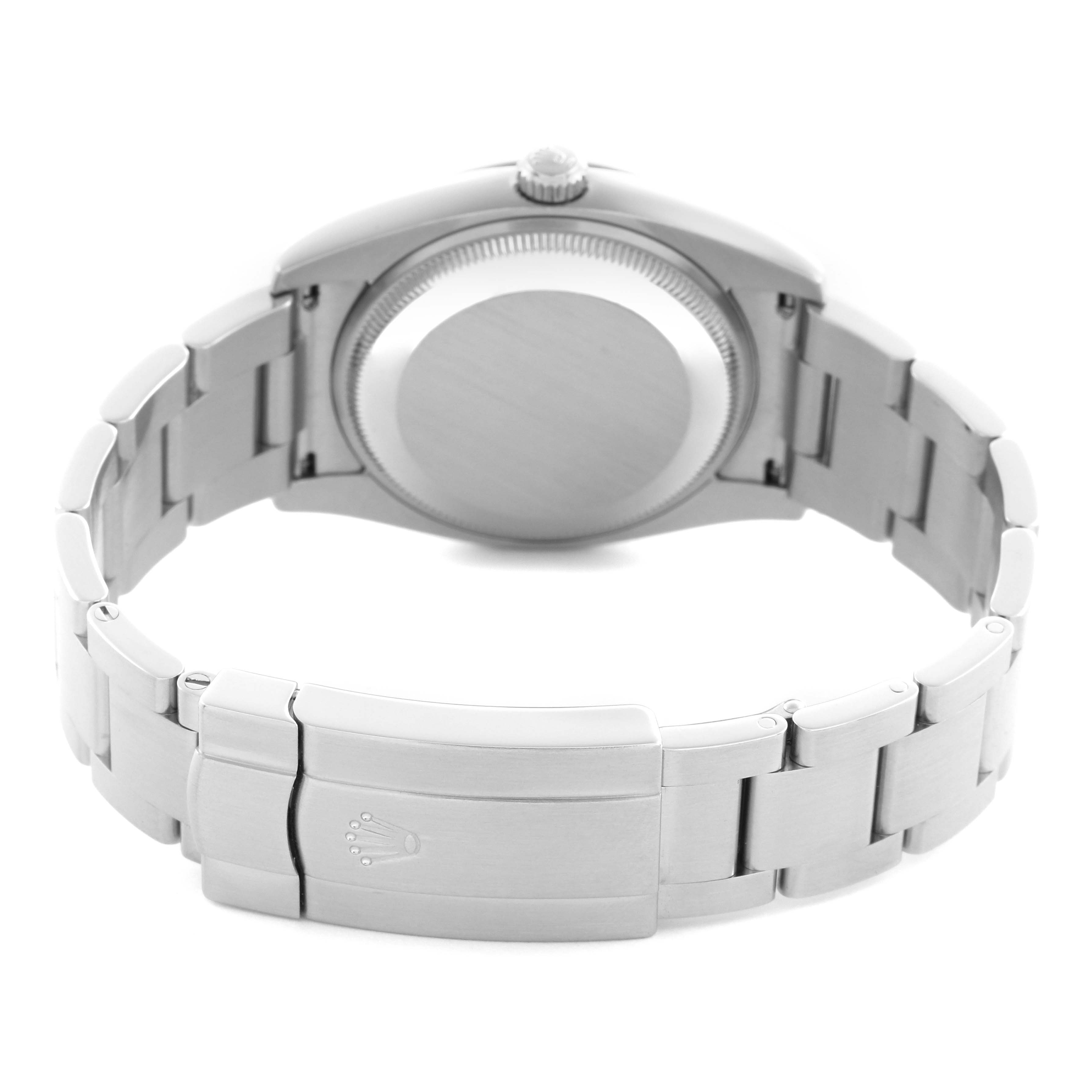 The image shows the back of a Rolex Air-King 114200 Men
s Stainless Steel Silver Dial 114200 Men
s Stainless Steel Silver Dial watch, highlighting the case back, bracelet, and clasp from a rear angle.