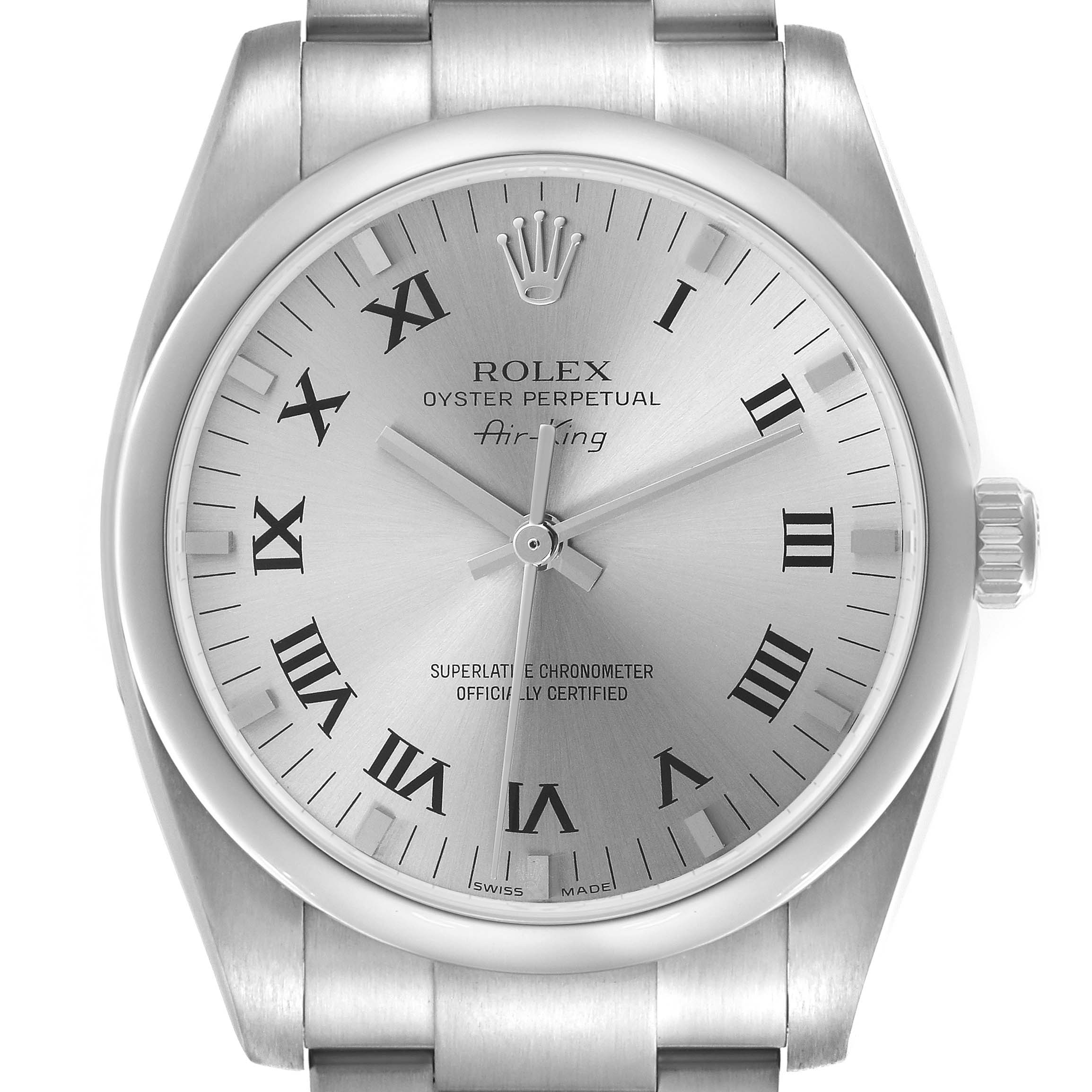 The Rolex Air-King 114200 Men
s Stainless Steel Silver Dial 114200 Men
s Stainless Steel Silver Dial watch is shown from a front angle, displaying its dial, Roman numerals, hands, and part of the bracelet.