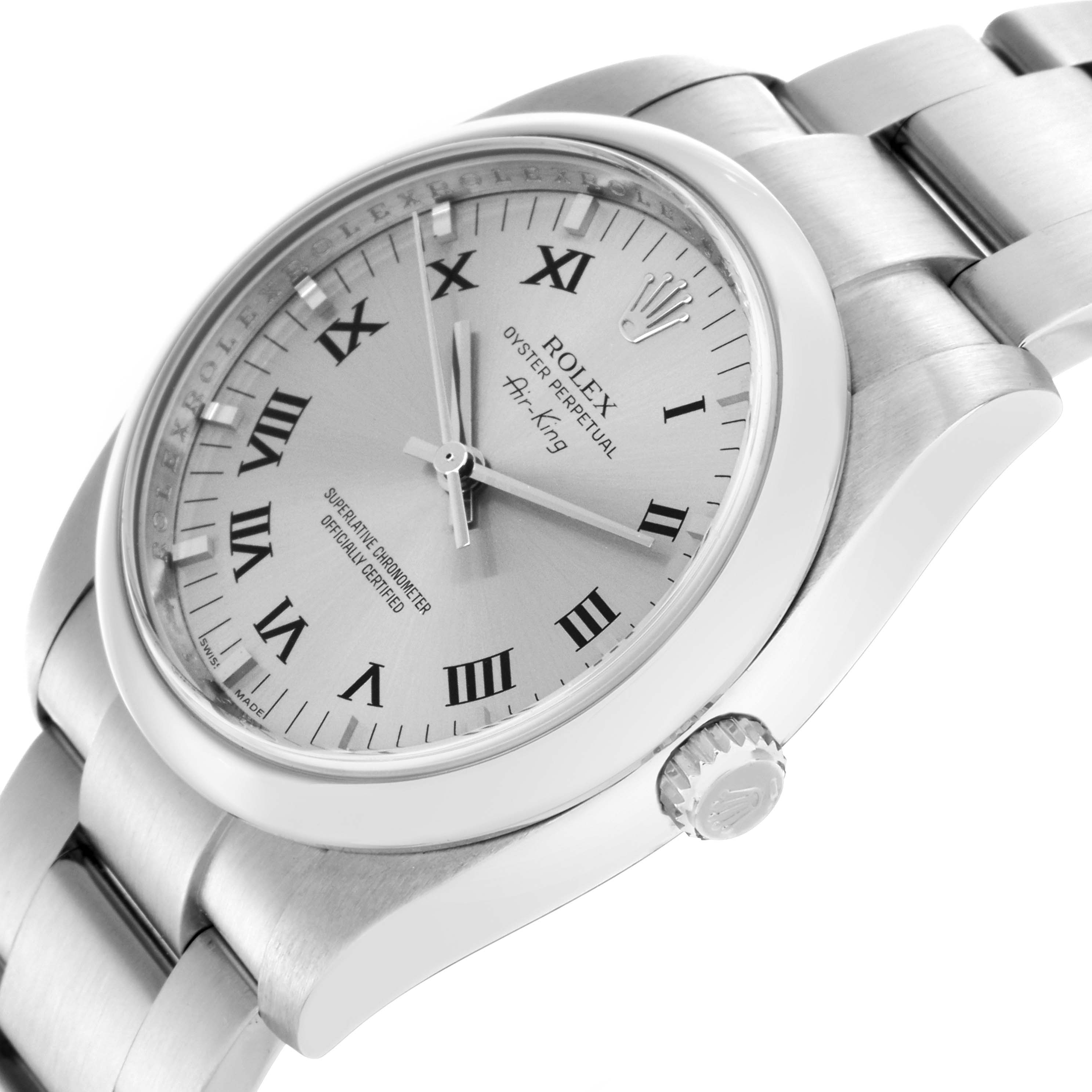 The Rolex Air-King 114200 Men
s Stainless Steel Silver Dial 114200 Men
s Stainless Steel Silver Dial watch is shown at a 3/4 angle, highlighting the face, bezel, and part of the bracelet.