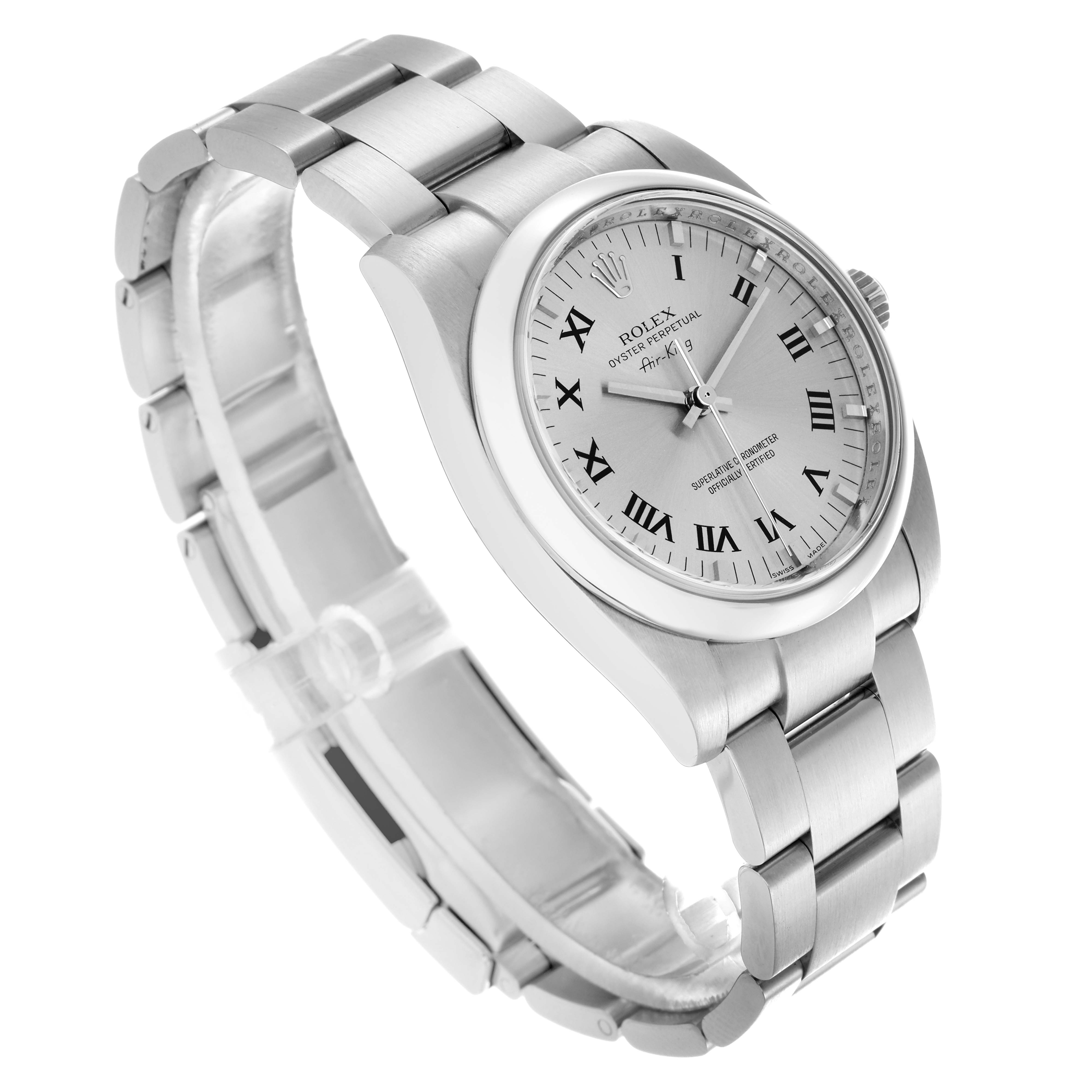 The Rolex Air-King 114200 Men
s Stainless Steel Silver Dial 114200 Men
s Stainless Steel Silver Dial watch is shown at a three-quarter angle, highlighting its bracelet and Roman numeral dial.