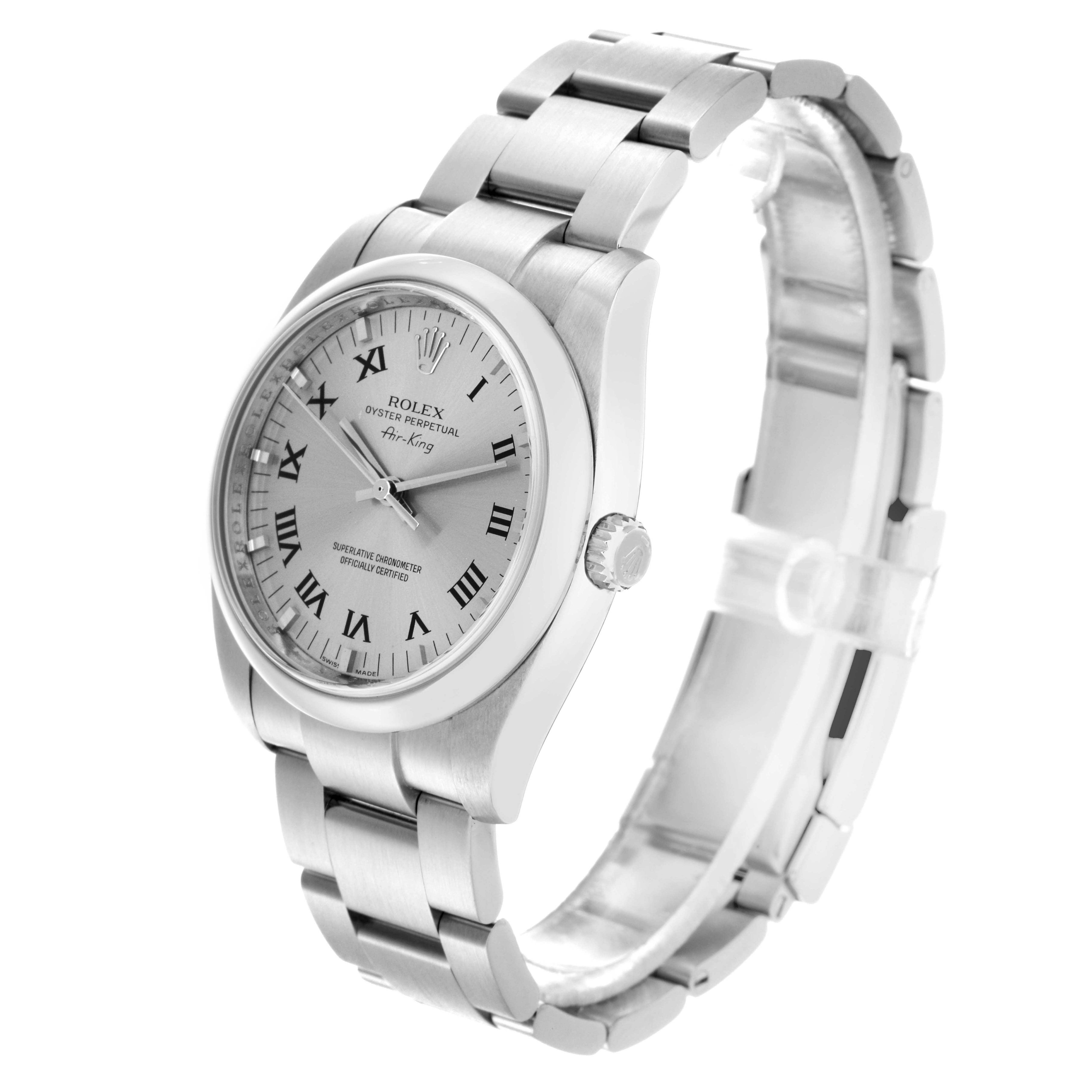 The Rolex Air-King 114200 Men's Stainless Steel Silver Dial watch is shown at a three-quarter angle, displaying the dial, bezel, crown, and bracelet.