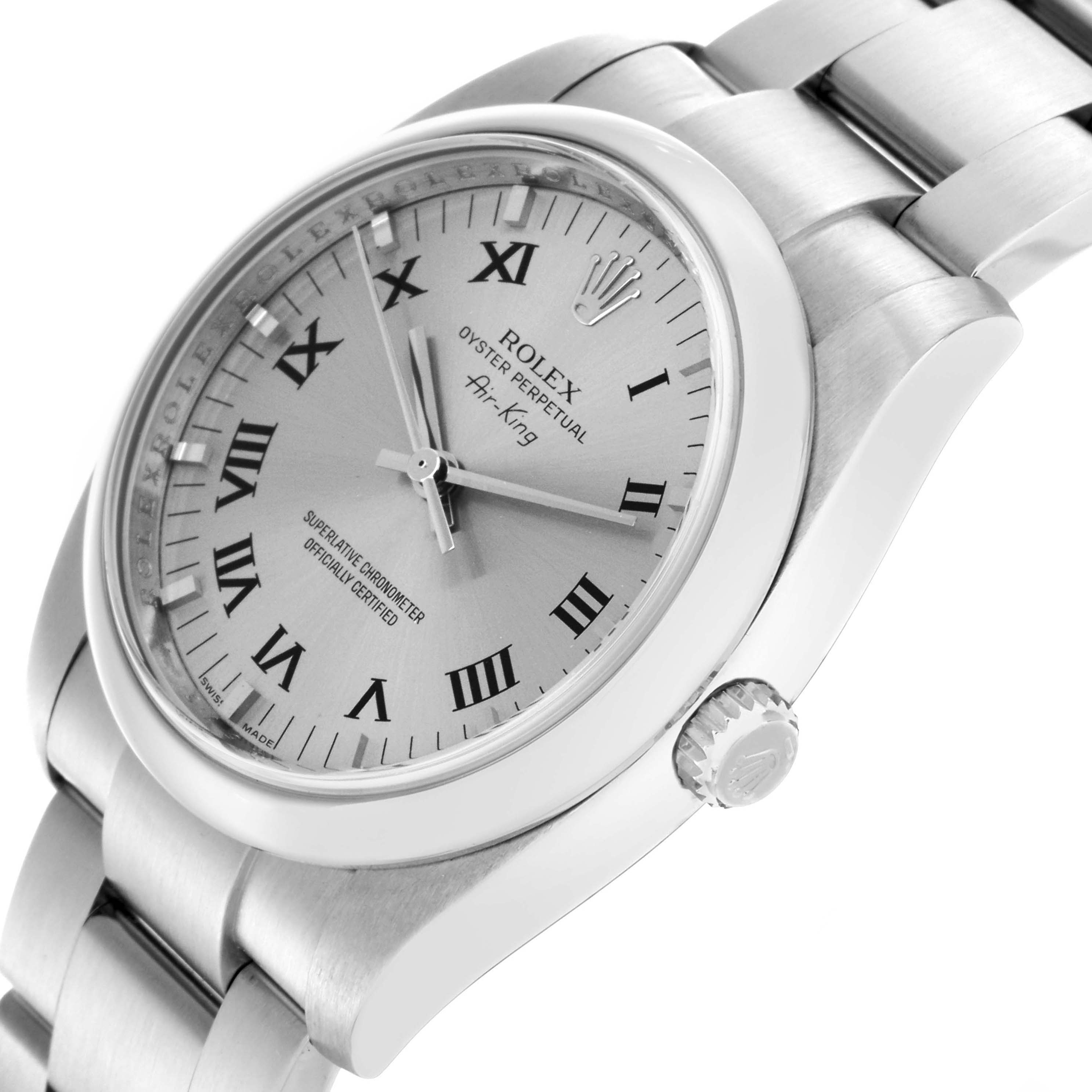 The Rolex Air-King 114200 Men's Stainless Steel Silver Dial watch is shown at a slight angle displaying the face, bezel, crown, and part of the bracelet.