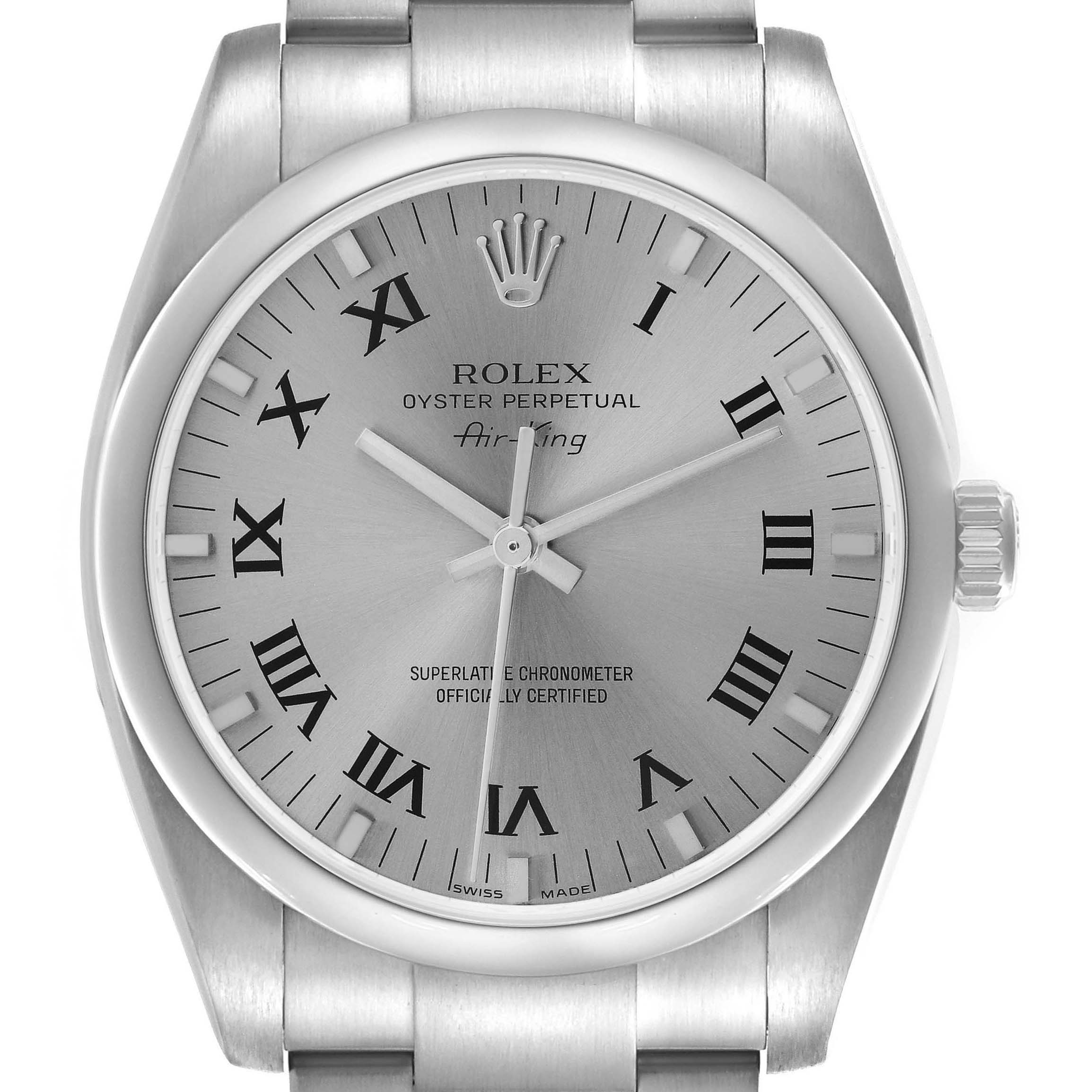The Rolex Air-King 114200 Men's Stainless Steel Silver Dial watch is shown from a frontal angle, displaying the dial, hour markers, hands, and part of the bracelet.