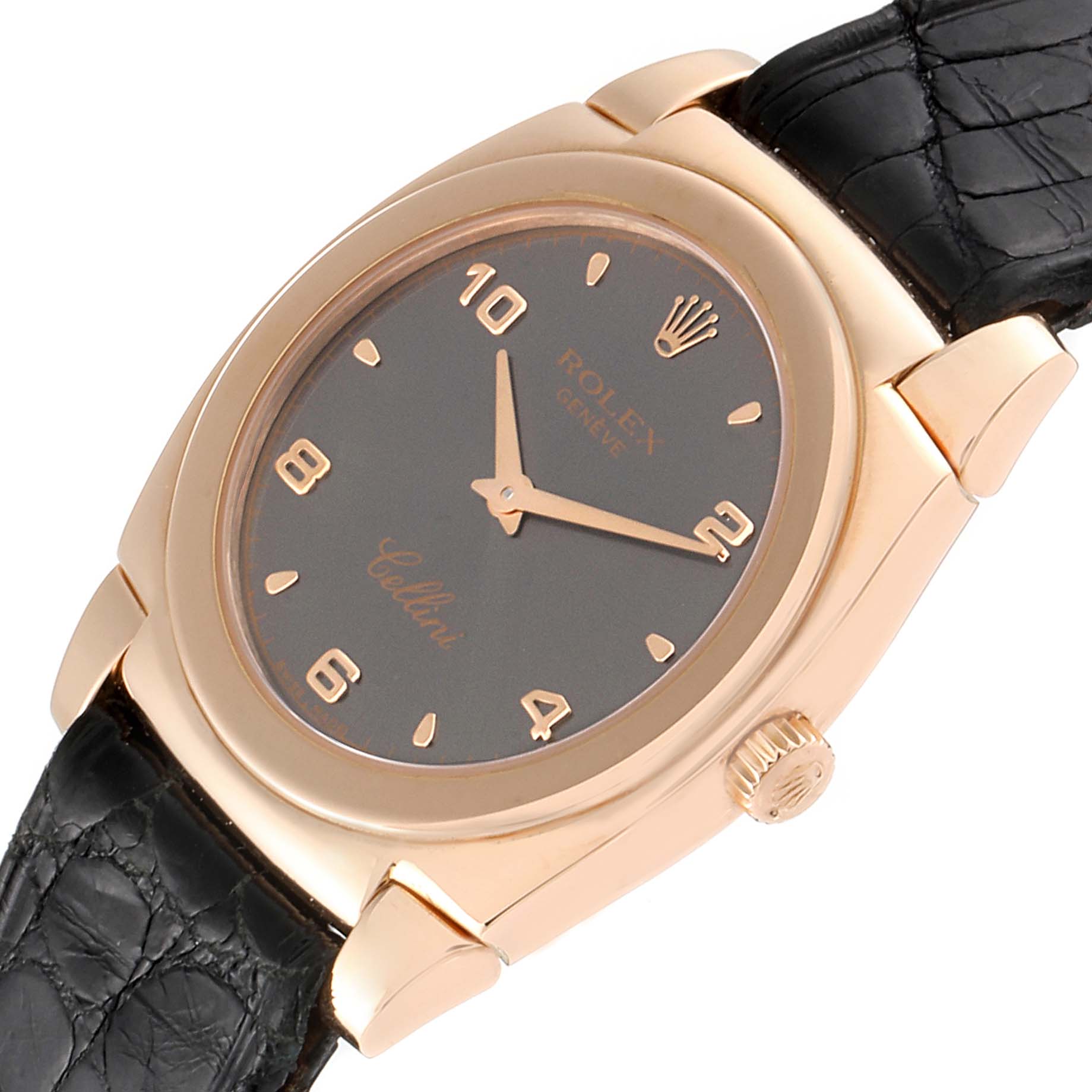 The image shows a Rolex Cellini 5330 Women's Rose Gold Grey Dial 5330 Women's Rose Gold Grey Dial watch at an angle, highlighting the watch face, hands, crown, and part of the black leather strap.