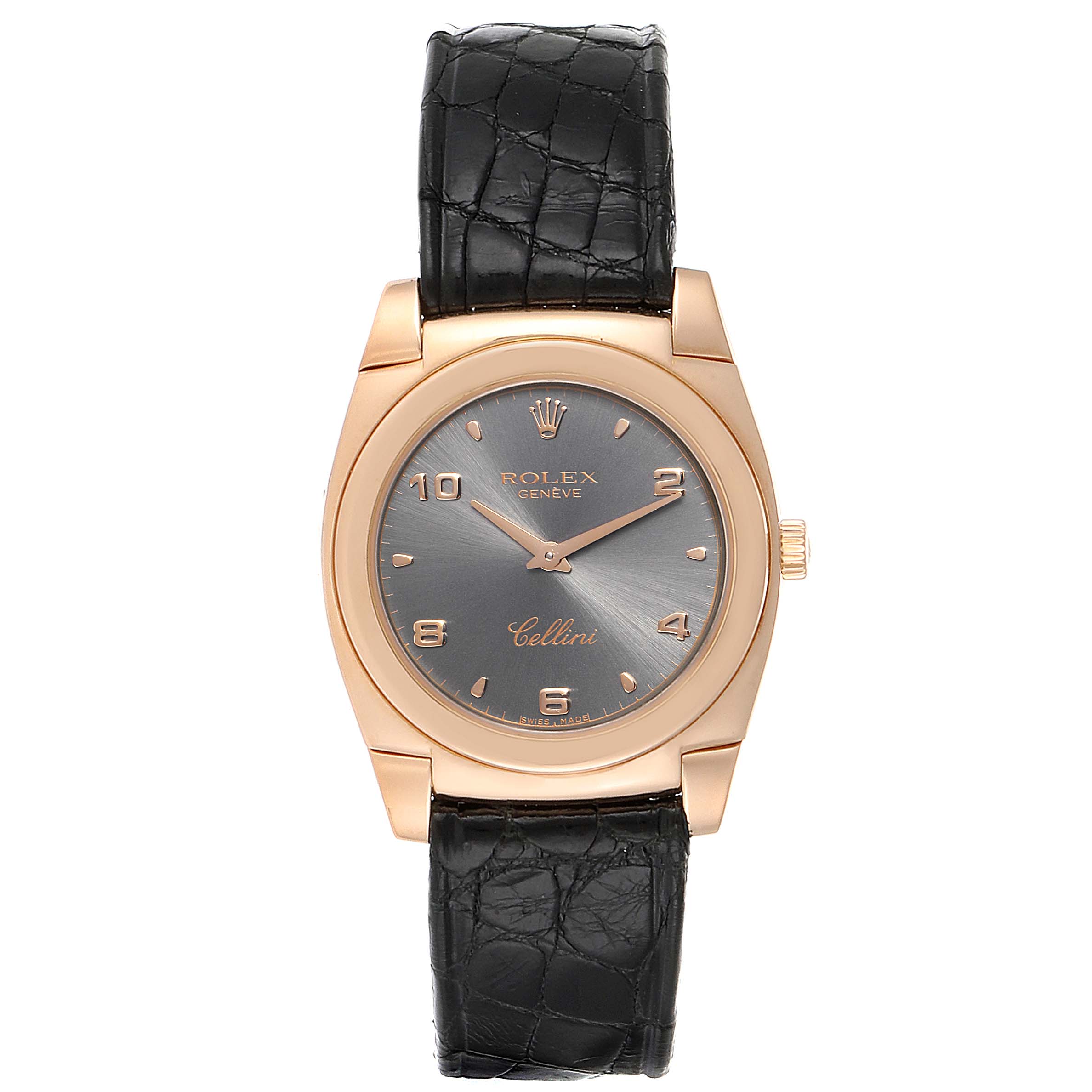 The image shows a Rolex Cellini 5330 Women's Rose Gold Grey Dial 5330 Women's Rose Gold Grey Dial watch from a straight-on angle, highlighting its face, bezel, and black leather strap.