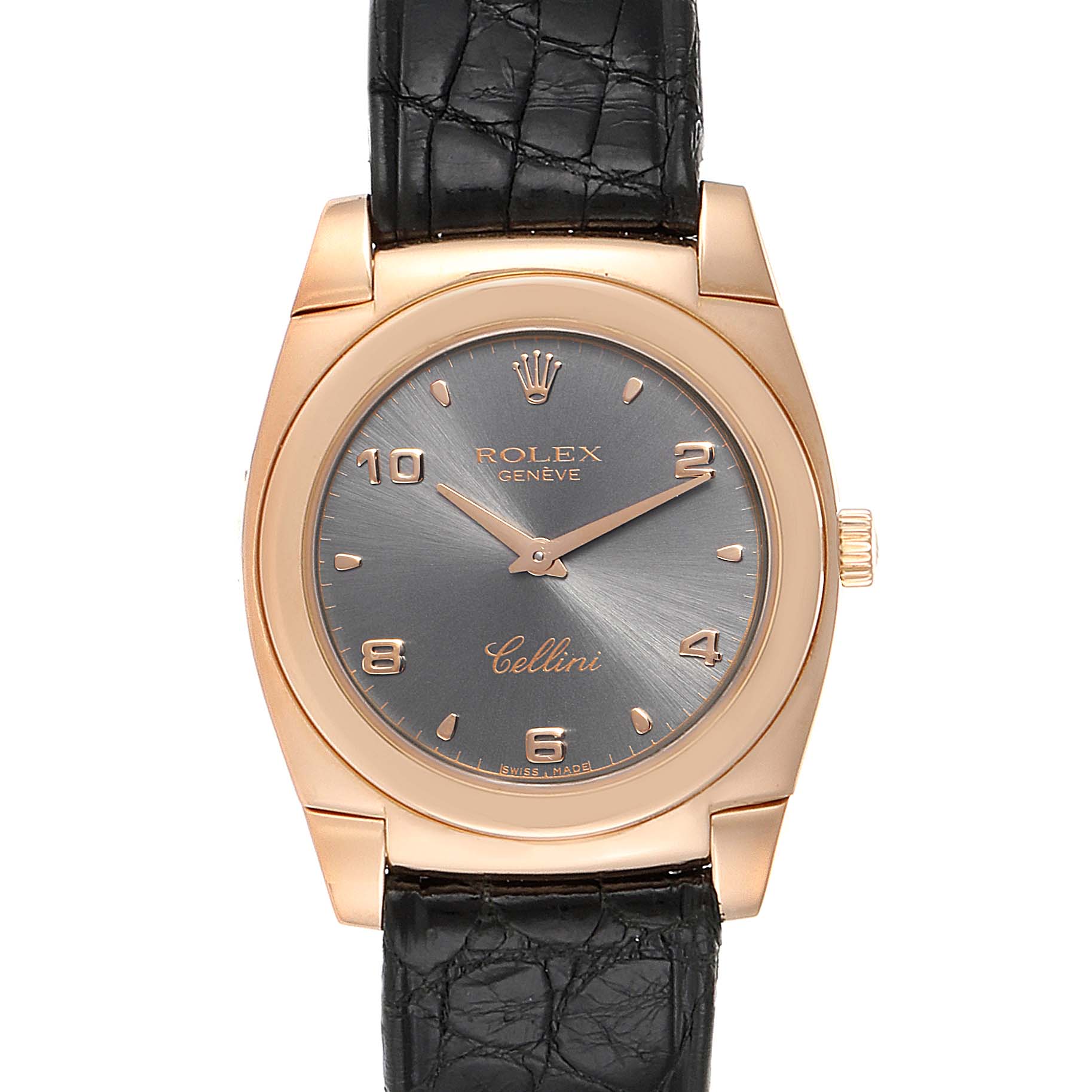 The image shows a frontal view of the Rolex Cellini 5330 Women's Rose Gold Grey Dial 5330 Women's Rose Gold Grey Dial watch including its black leather strap, rose gold case, and gray dial.