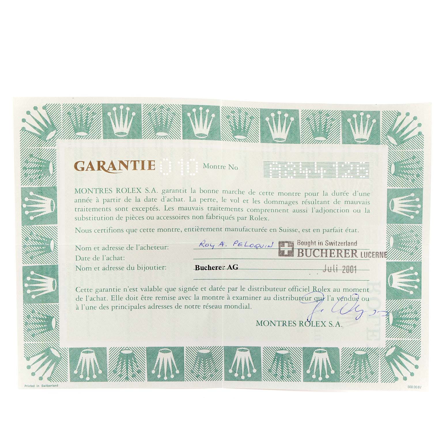 This is a warranty certificate for the Rolex Cellini 5330 Women's Rose Gold Grey Dial 5330 Women's Rose Gold Grey Dial model, shown from a top-down angle.