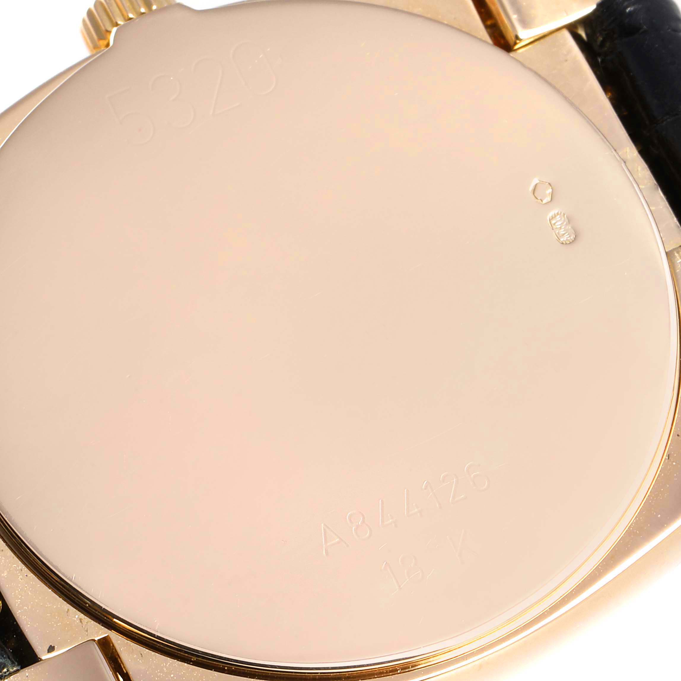 The image shows the back case of a Rolex Cellini 5330 Women's Rose Gold Grey Dial 5330 Women's Rose Gold Grey Dial watch, highlighting the serial and model numbers.