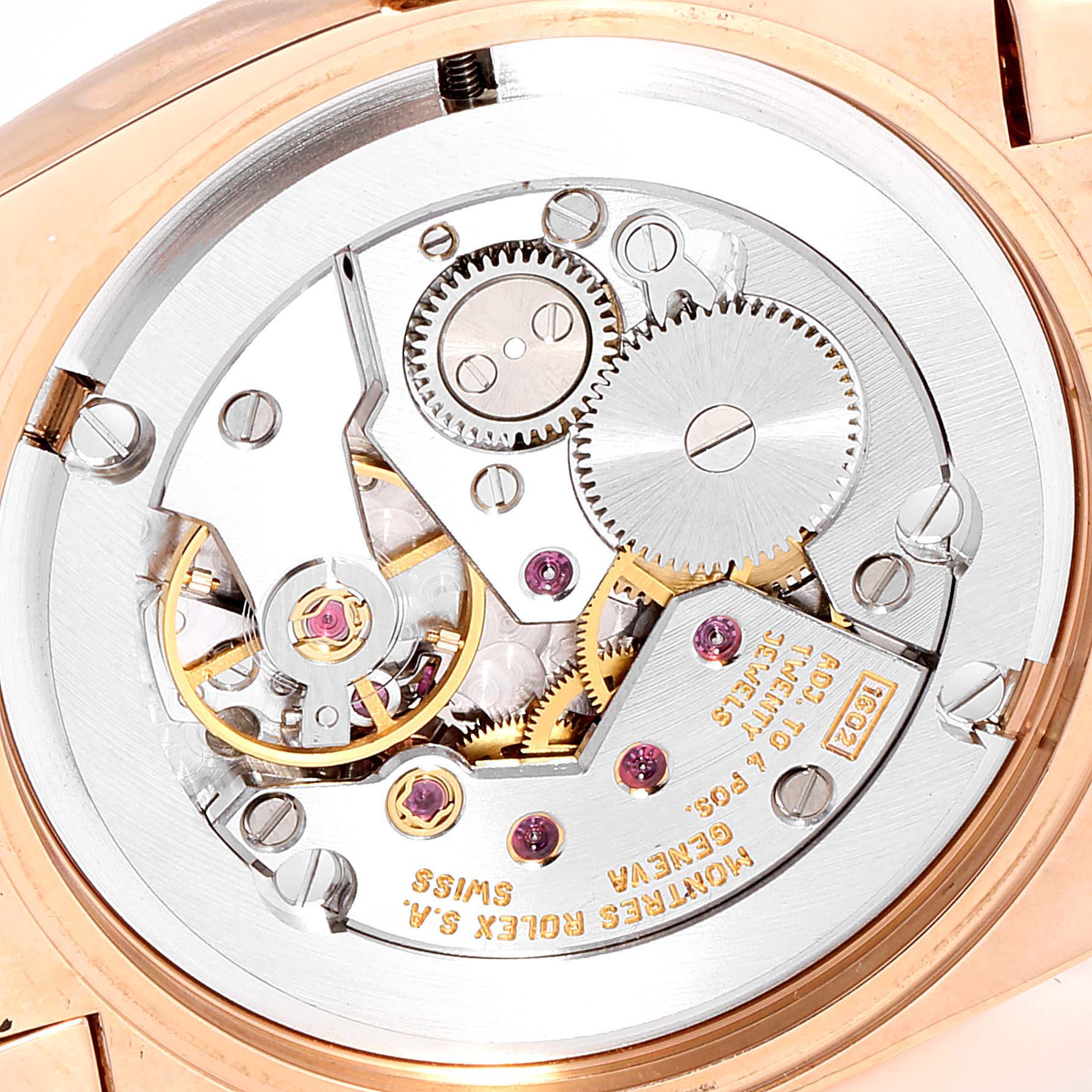 This image shows the intricate internal mechanism and gears of a Rolex Cellini 5330 Women's Rose Gold Grey Dial 5330 Women's Rose Gold Grey Dial watch from a top-down angle.