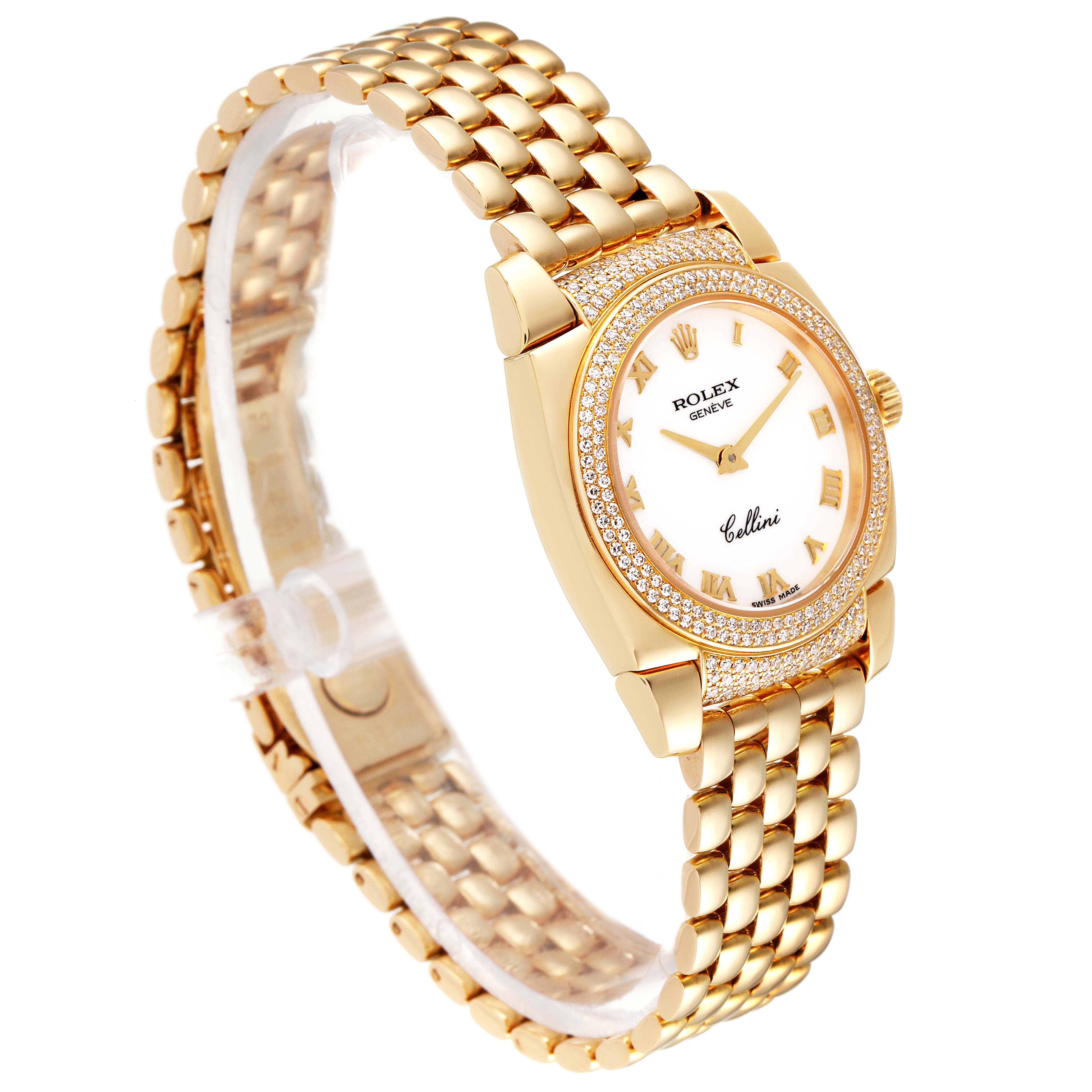 This image shows a side angle of the Rolex Cellini 6311 Women
s Yellow Gold White Dial 6311 Women
s Yellow Gold White Dial watch, displaying the bracelet, bezel, and dial.
