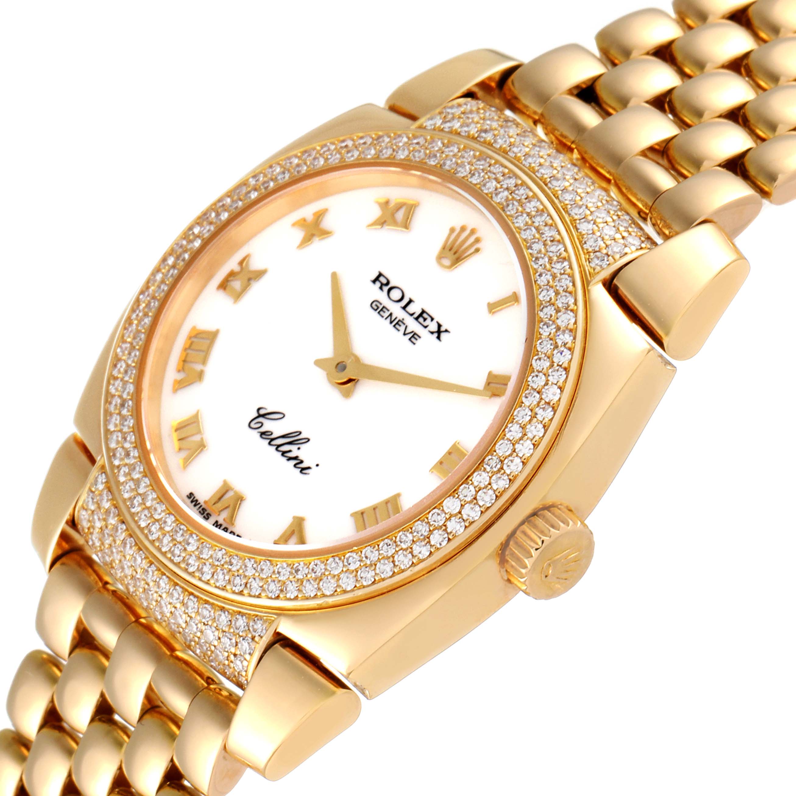 This image shows a close-up, angled view of the Rolex Cellini 6311 Women
s Yellow Gold White Dial 6311 Women
s Yellow Gold White Dial watch face and part of the bracelet.