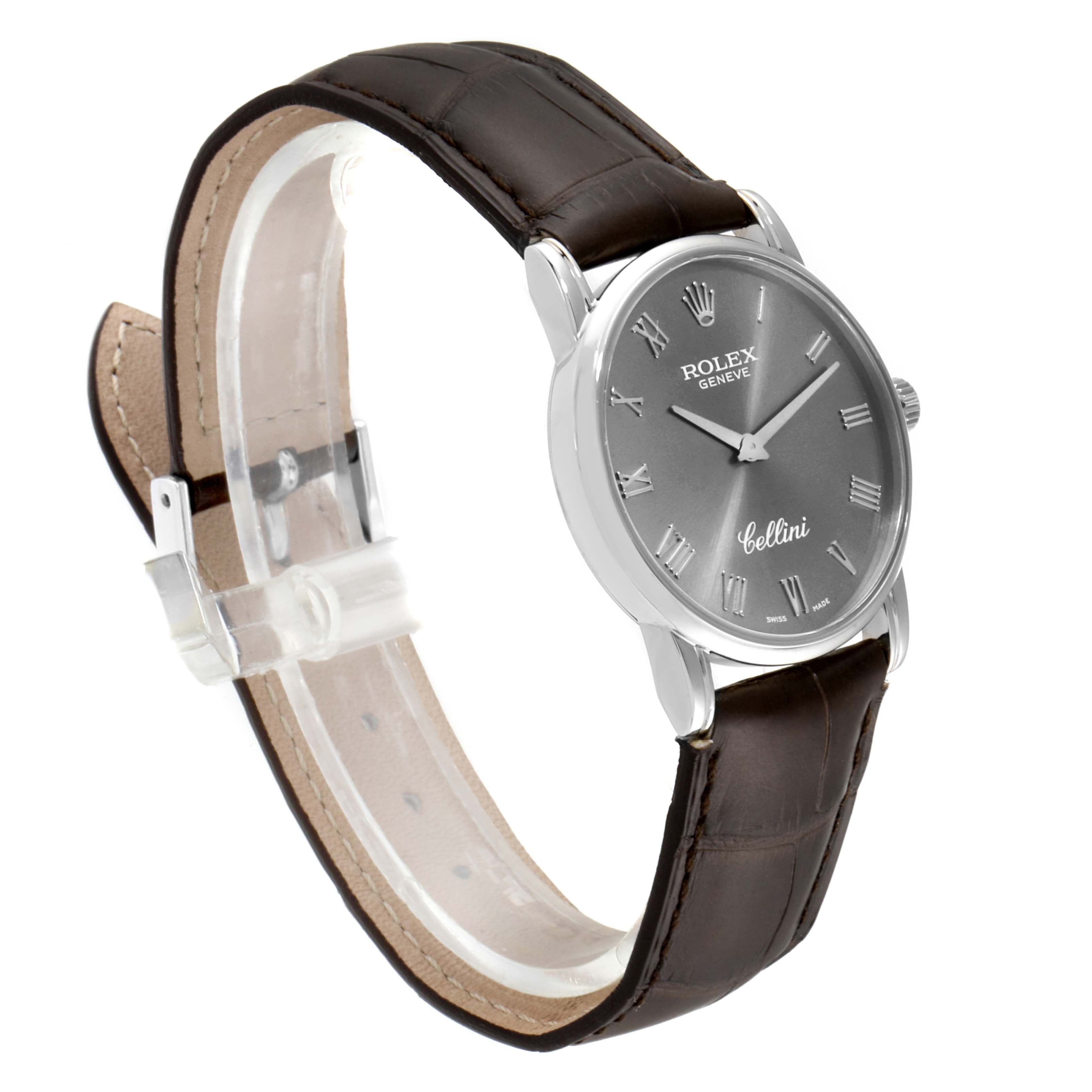 The Rolex Cellini 5116 Men's White Gold Grey Dial 5116 Men's White Gold Grey Dial watch is shown at an angled view, highlighting the face, bezel, and leather strap.