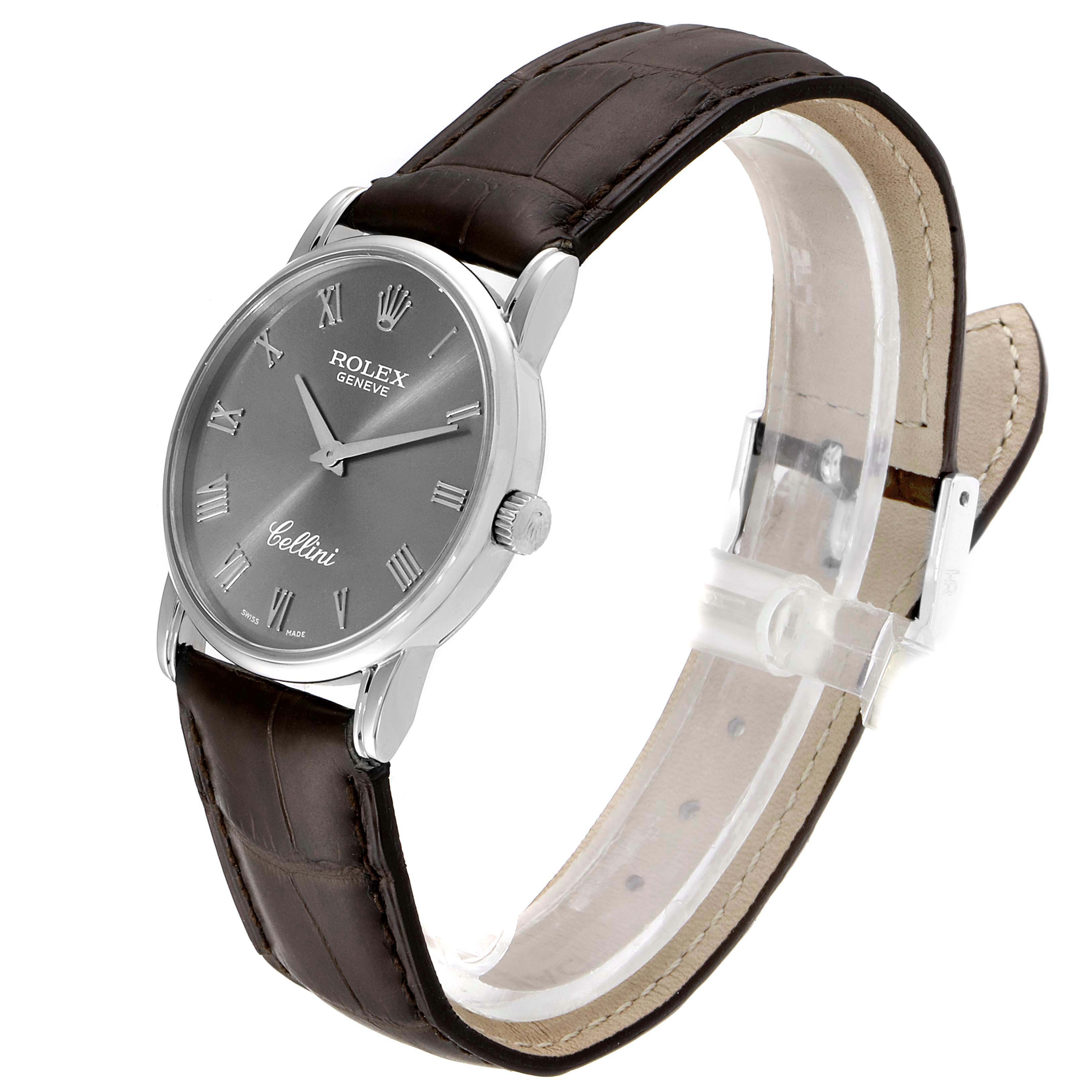 The Rolex Cellini 5116 Men's White Gold Grey Dial 5116 Men's White Gold Grey Dial watch is shown at a 3/4 angle, highlighting the dial, lugs, crown, and leather strap.
