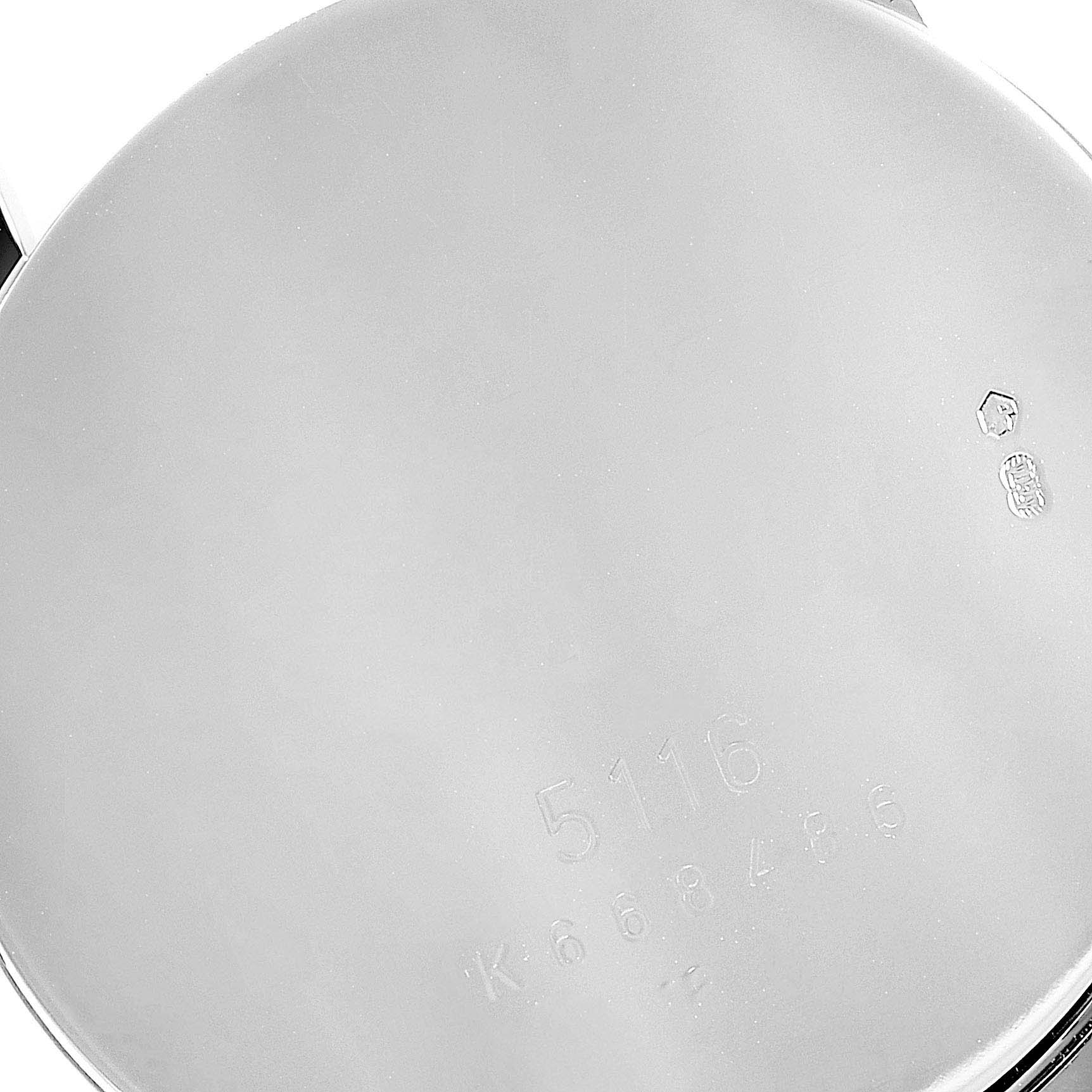 This image shows the case back of a Rolex Cellini 5116 Men's White Gold Grey Dial 5116 Men's White Gold Grey Dial watch, highlighting its model number and other engraved details.