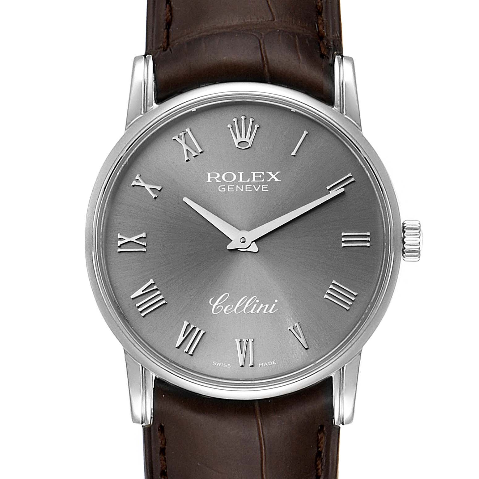 The image displays a front view of a Rolex Cellini 5116 Men's White Gold Grey Dial 5116 Men's White Gold Grey Dial watch, showcasing its dial, hands, crown, and leather strap.