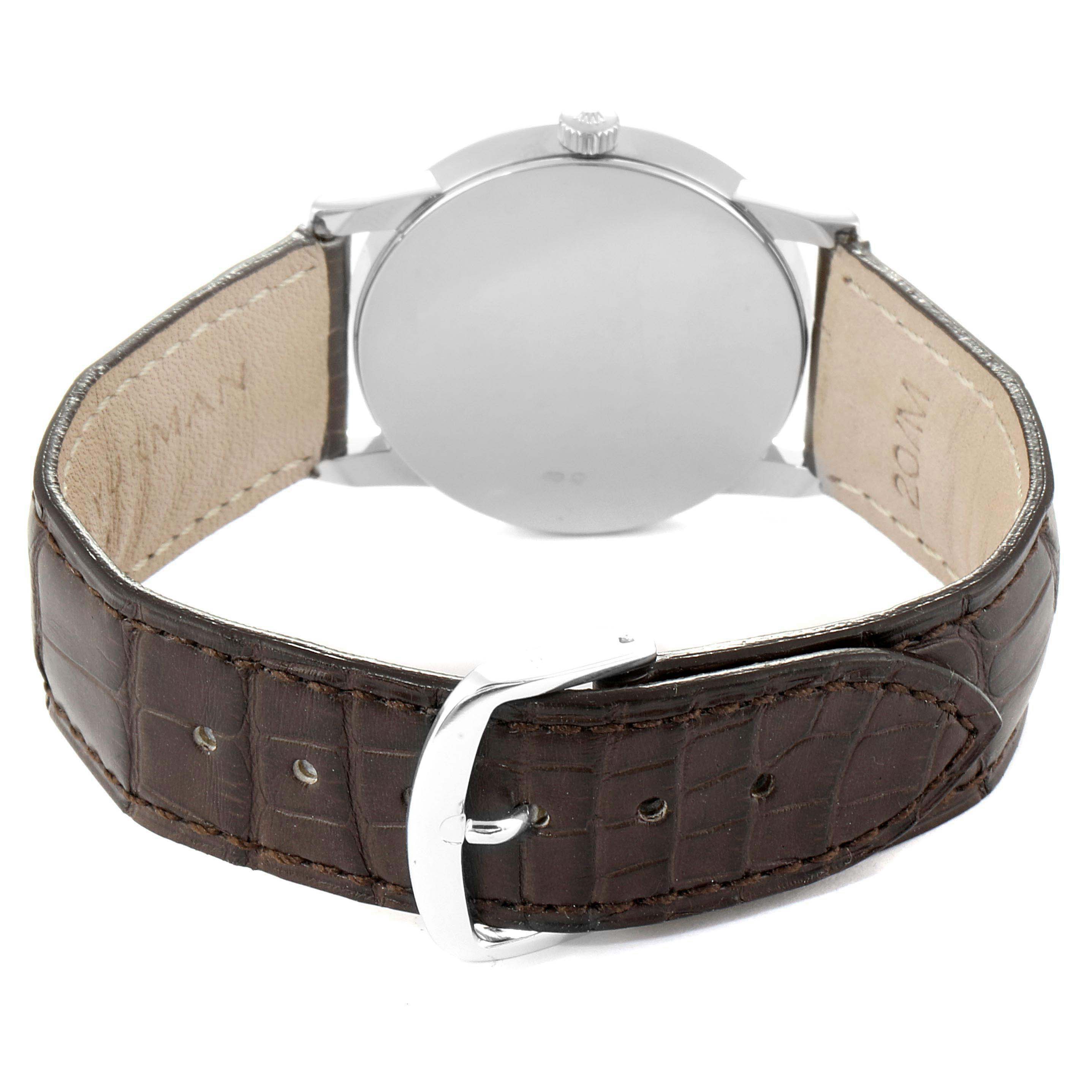 The image shows the back view of a Rolex Cellini 5116 Men's White Gold Grey Dial 5116 Men's White Gold Grey Dial watch, highlighting its leather strap and metal buckle.