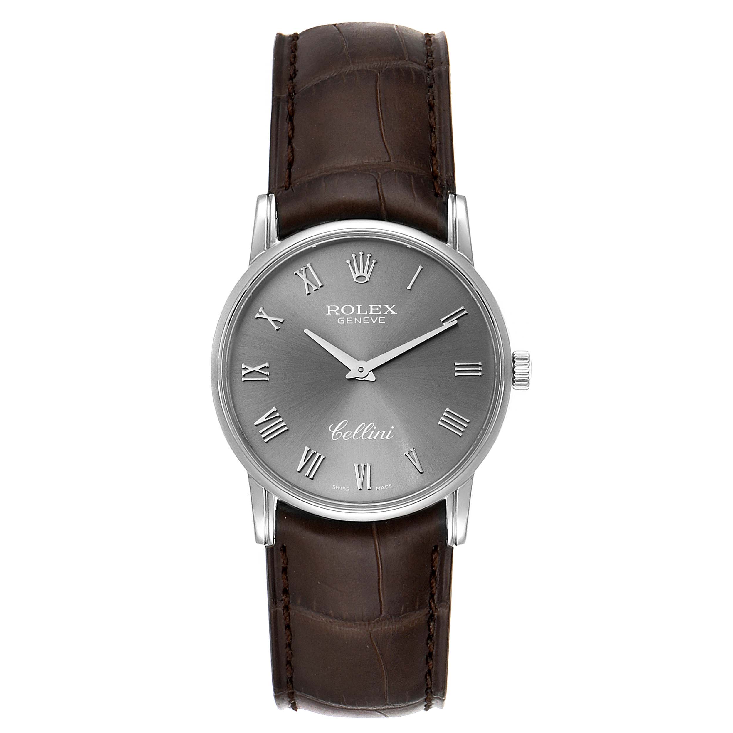 The image shows a front view of a Rolex Cellini 5116 Men's White Gold Grey Dial 5116 Men's White Gold Grey Dial watch with a brown leather strap and a silver dial.