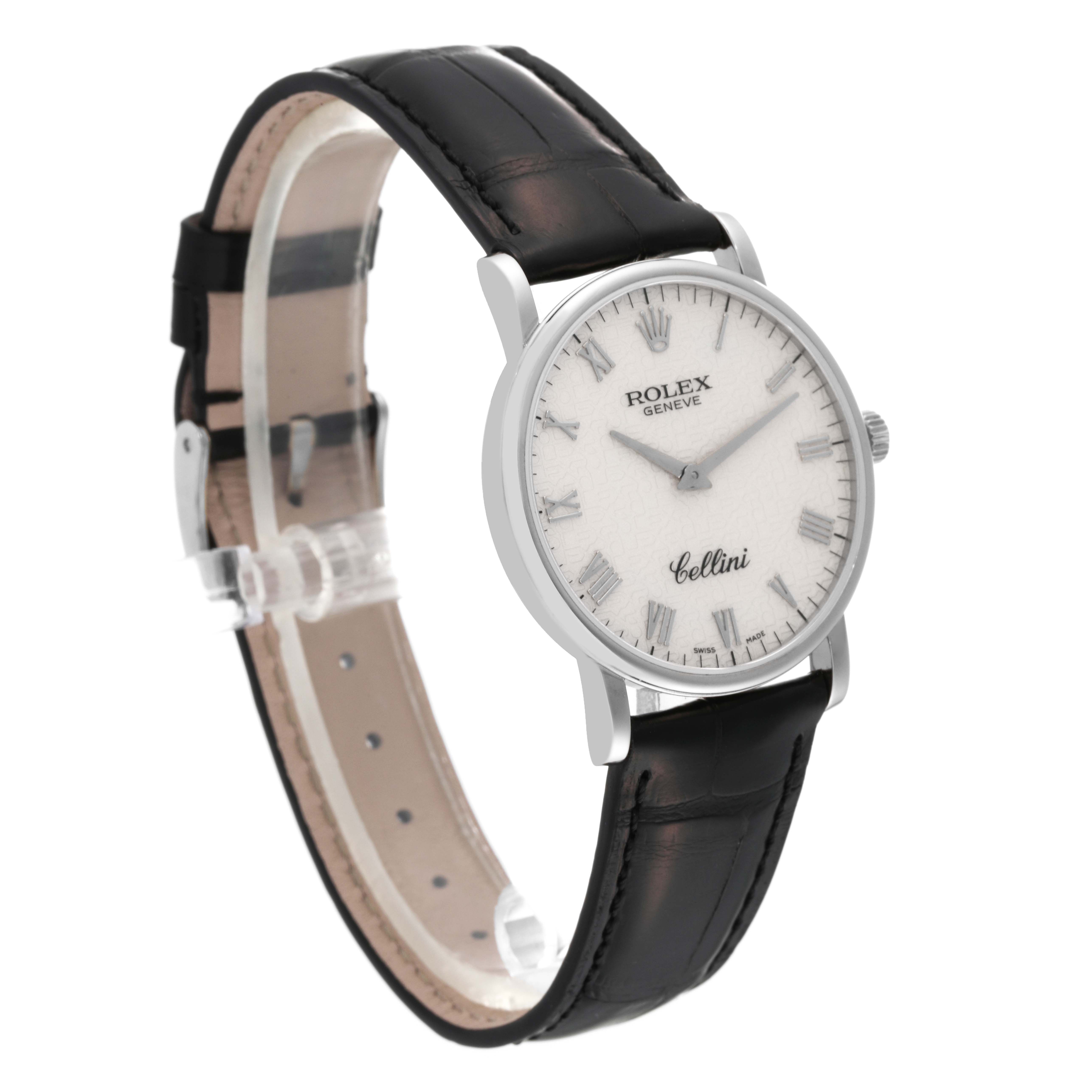 The image shows a Rolex Cellini 5115 Men's White Gold White Dial 5115 Men's White Gold White Dial watch at an angled side view, highlighting the leather strap, round dial, and Roman numerals.
