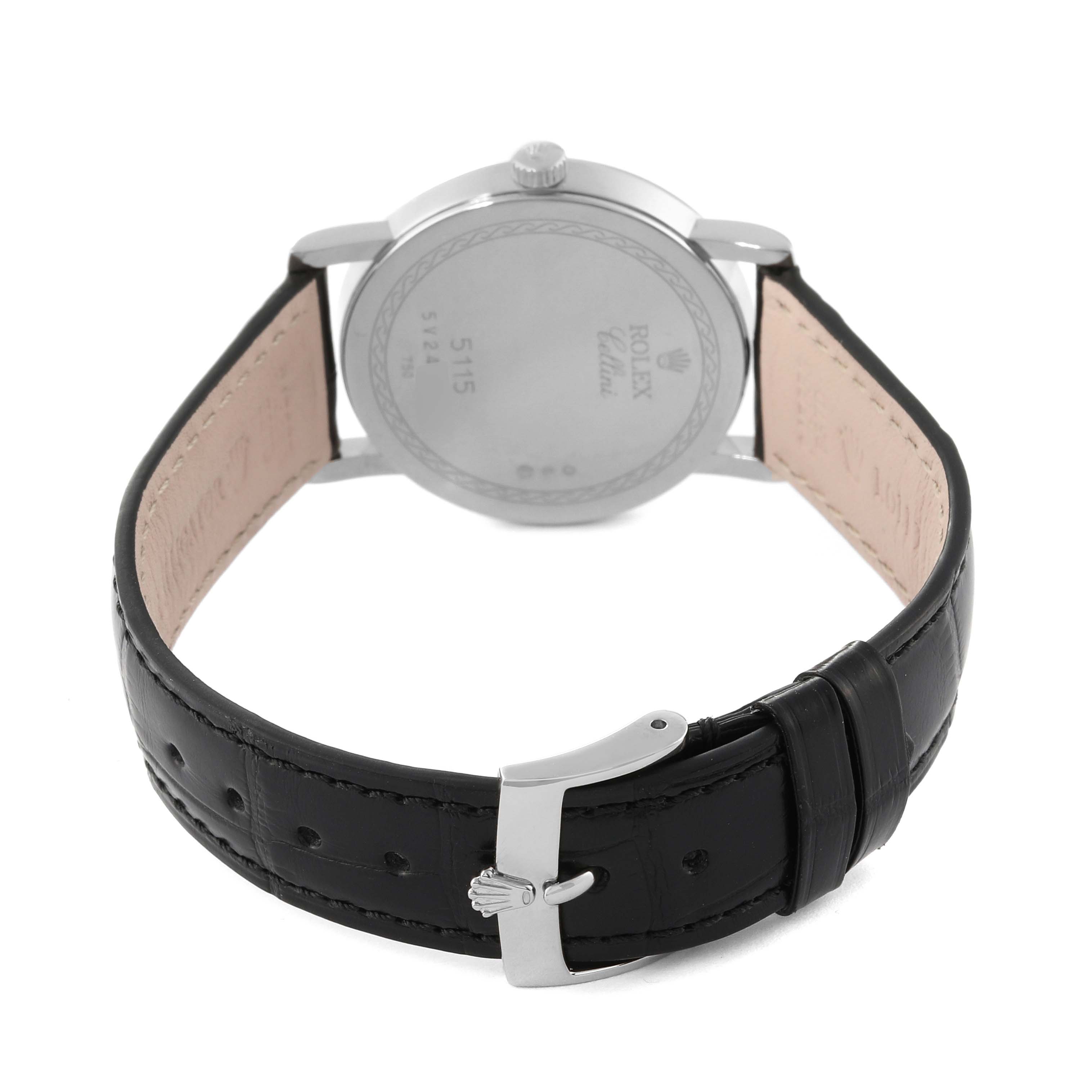 The image shows the back view of a Rolex Cellini 5115 Men's White Gold White Dial 5115 Men's White Gold White Dial watch, including the back case, strap, and buckle.