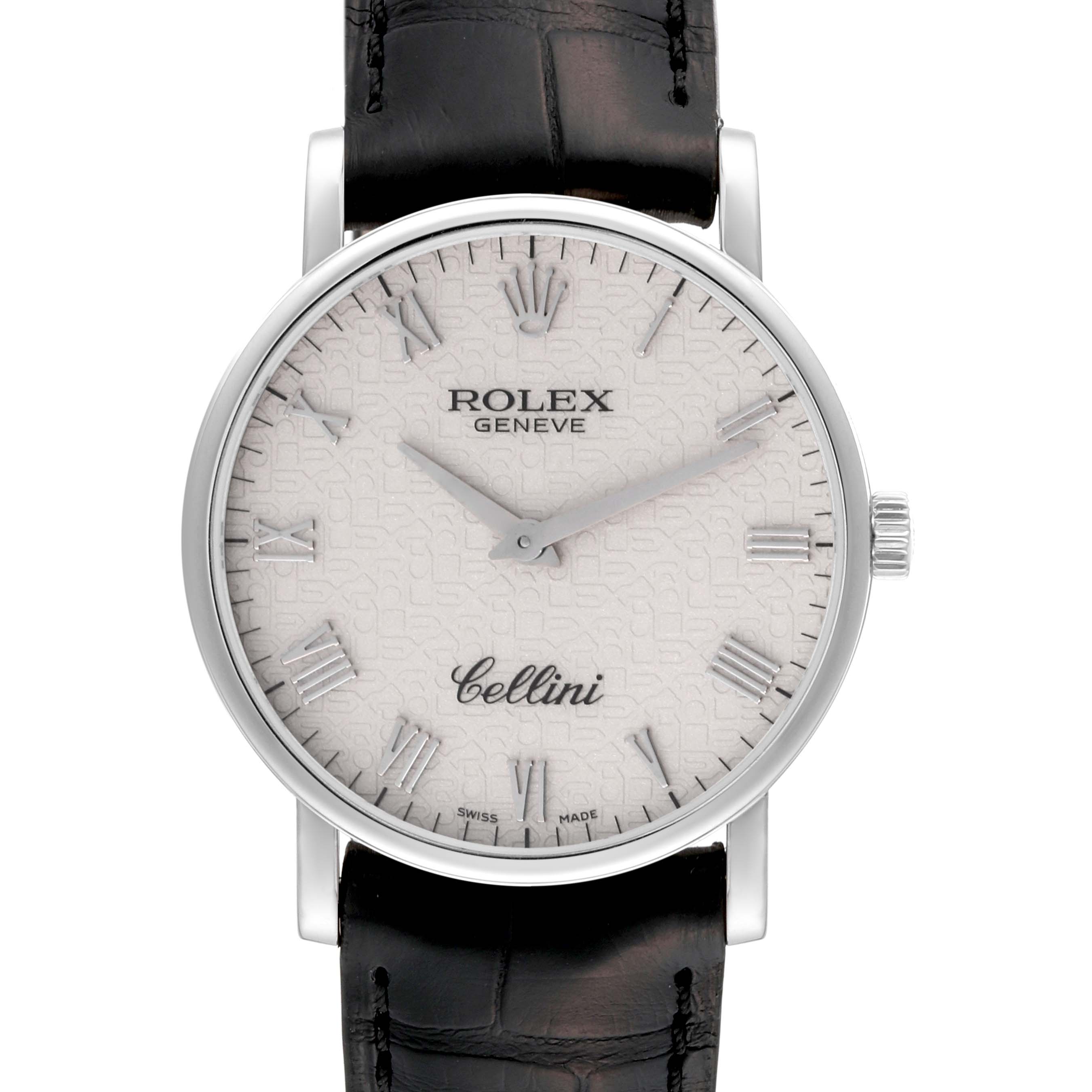 The image shows a frontal view of the Rolex Cellini 5115 Men's White Gold White Dial 5115 Men's White Gold White Dial watch, featuring its dial, hands, crown, and part of its black leather strap.