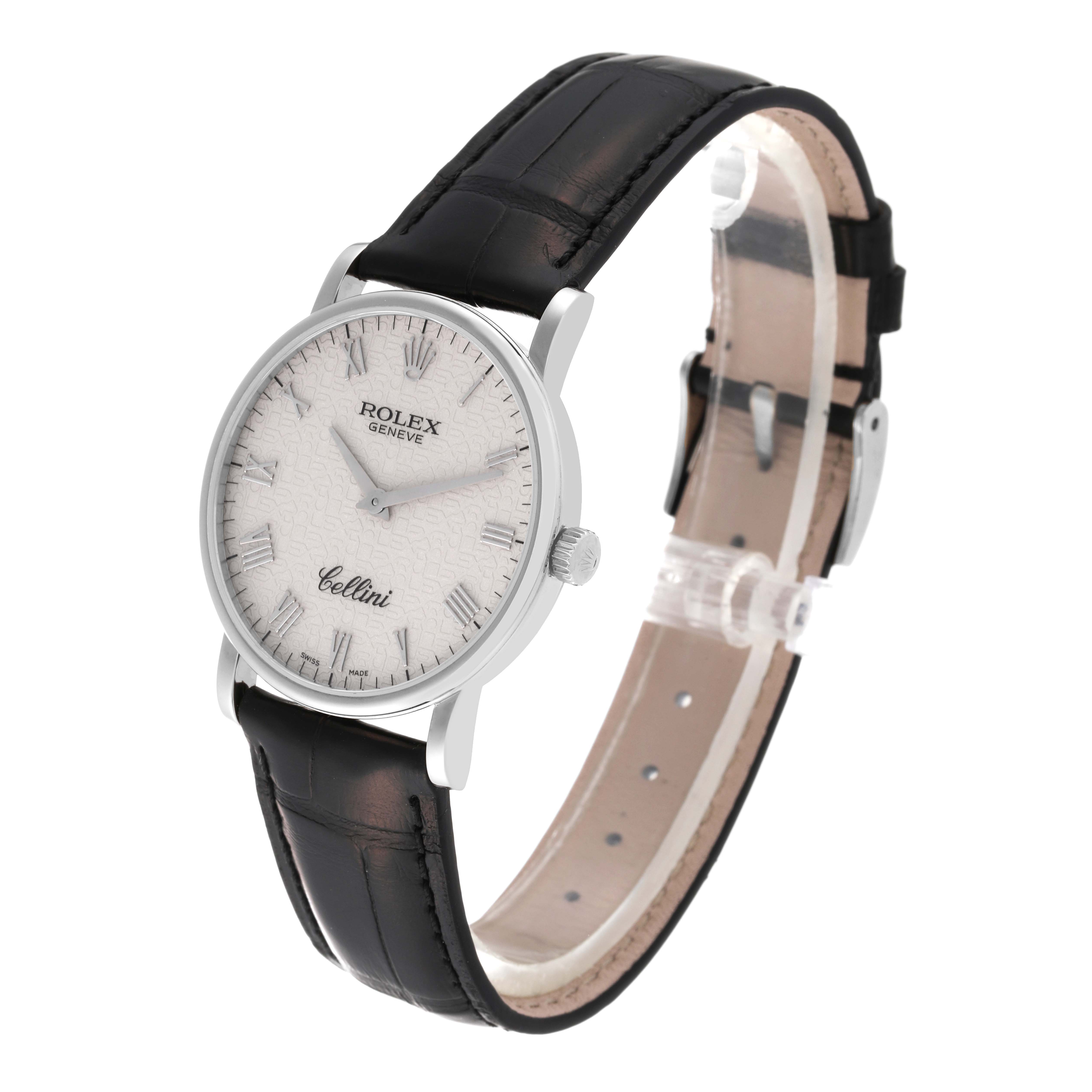 The image shows a Rolex Cellini 5115 Men's White Gold White Dial 5115 Men's White Gold White Dial watch at a slight angle displaying the face, black leather strap, and side profile of the case.