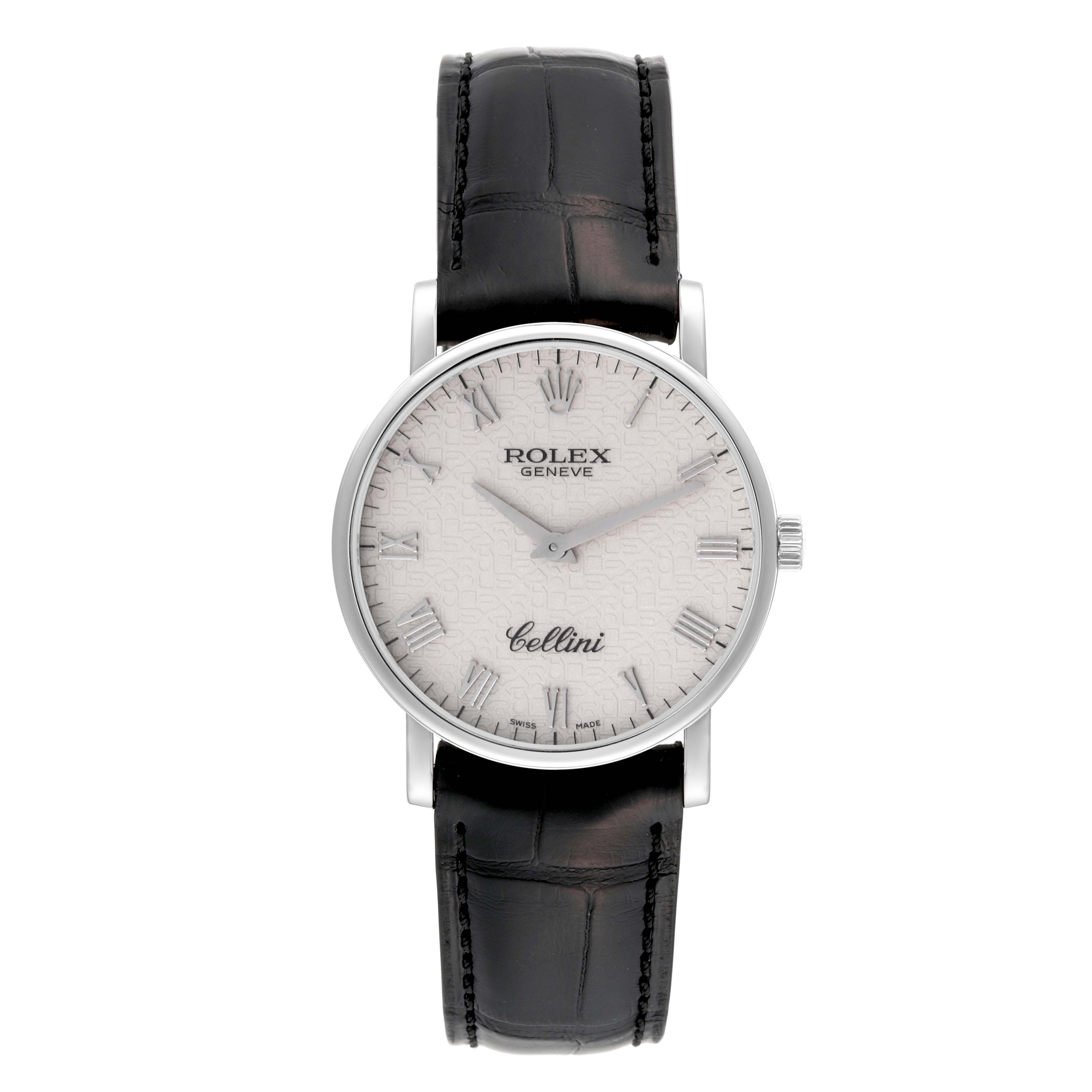 The Rolex Cellini 5115 Men's White Gold White Dial 5115 Men's White Gold White Dial watch is shown from a top-down angle, displaying its dial, case, crown, and leather strap.