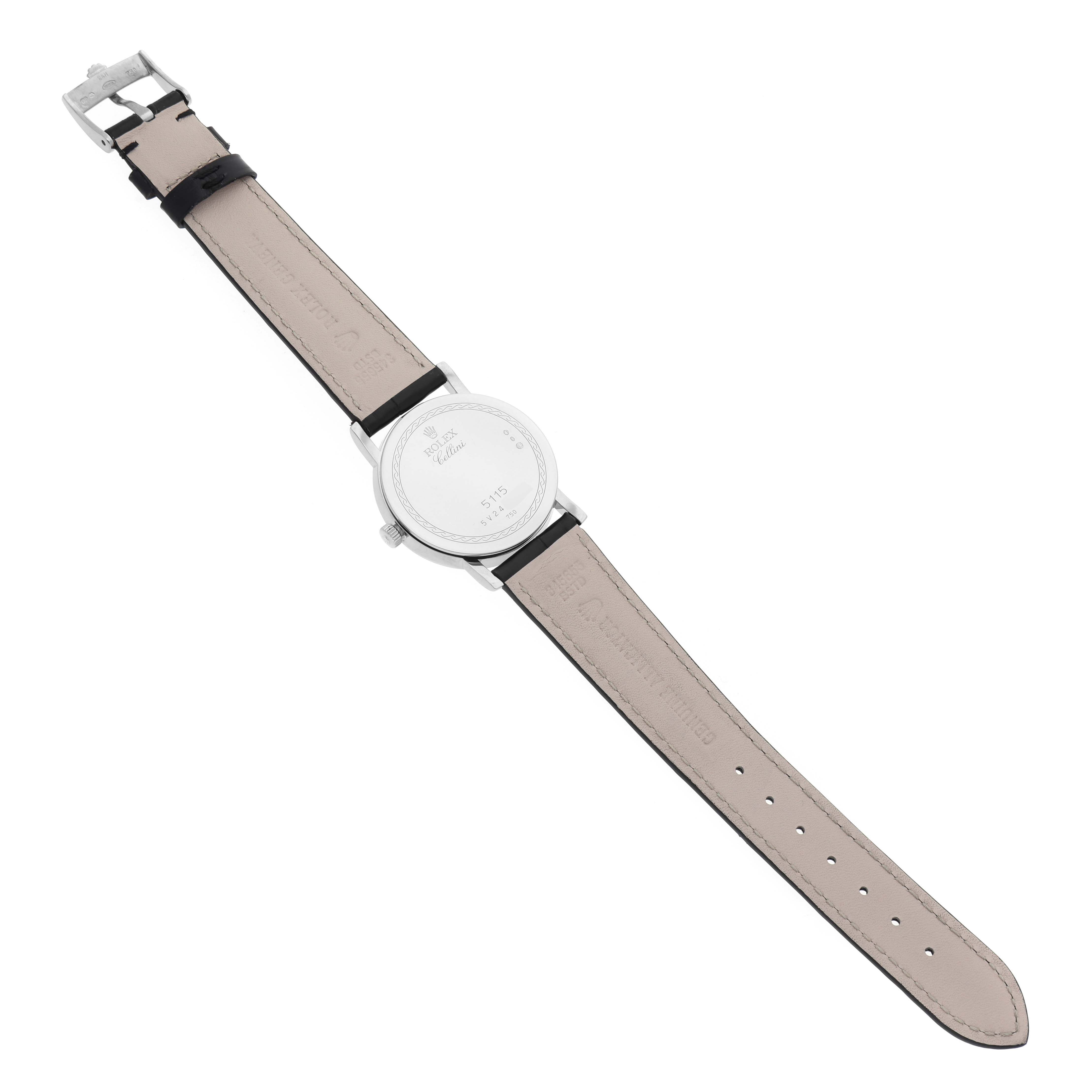 This image shows the backside of a Rolex Cellini 5115 Men's White Gold White Dial 5115 Men's White Gold White Dial watch, including the strap and buckle from an overhead view.
