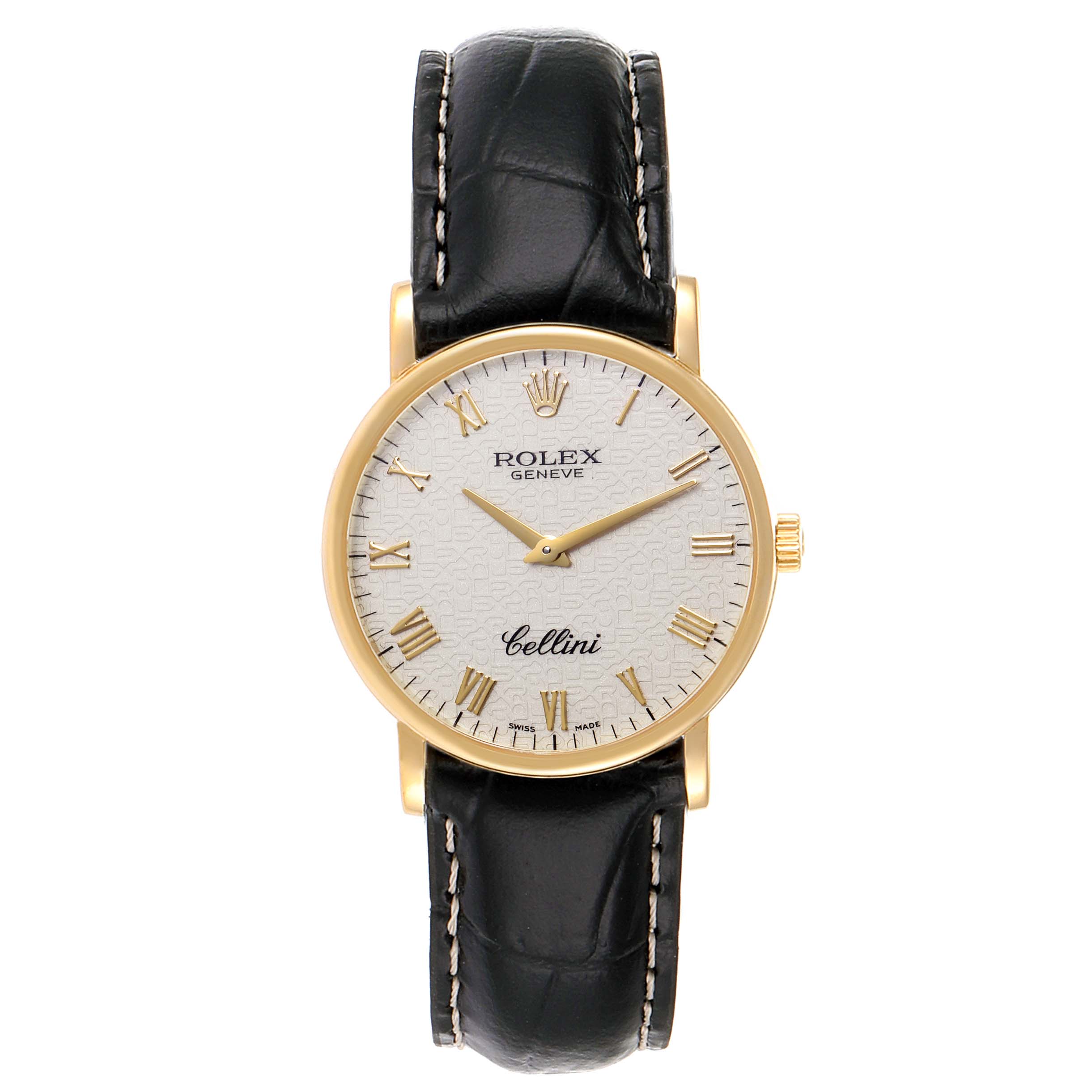This image shows a front view of a Rolex Cellini 5115 Men's Yellow Gold Beige Dial 5115 Men's Yellow Gold Beige Dial watch featuring its dial, case, and leather strap.