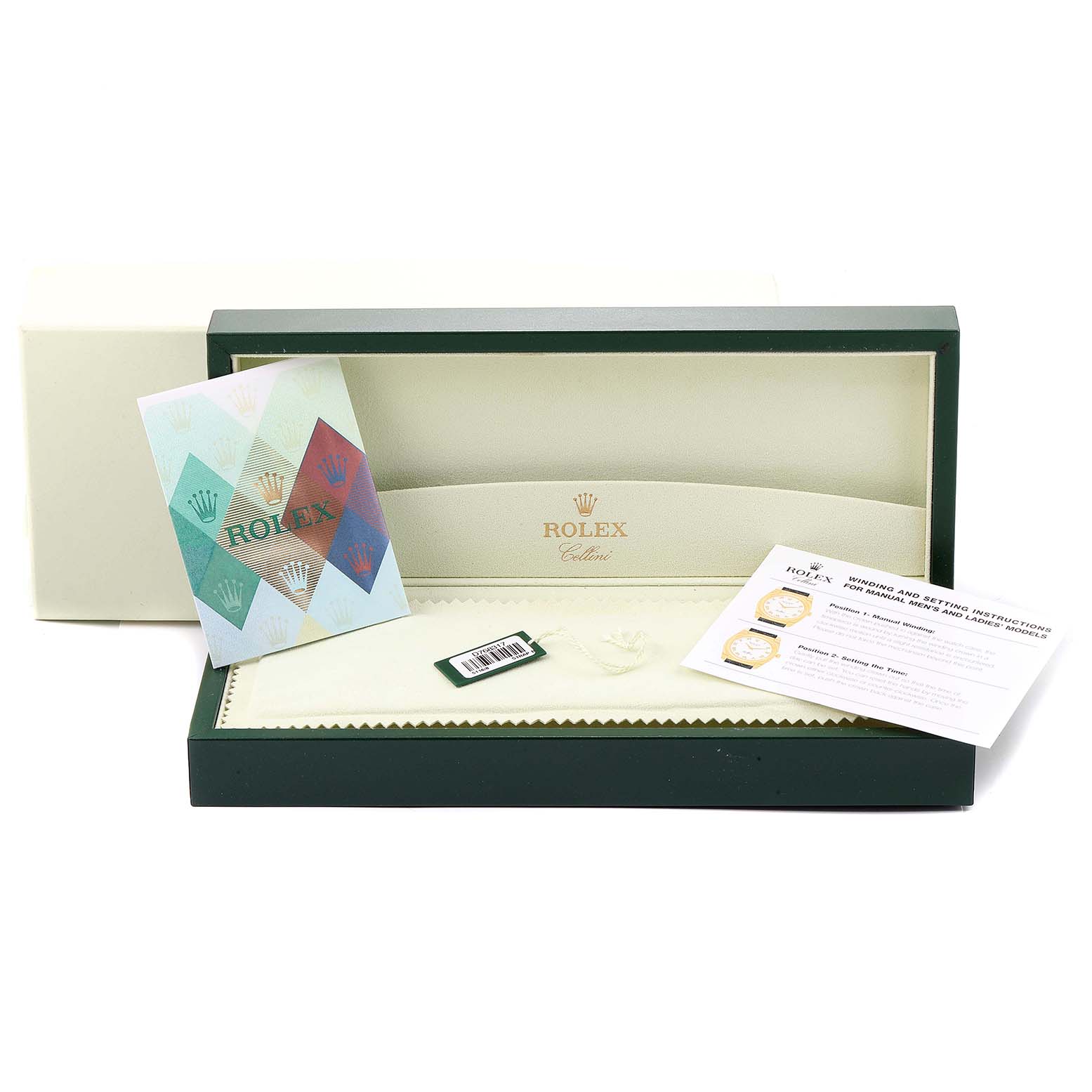 The image shows an open Rolex Cellini 5116 Men's Yellow Gold Black Dial 5116 Men's Yellow Gold Black Dial watch box with booklets, a tag, and an envelope inside.