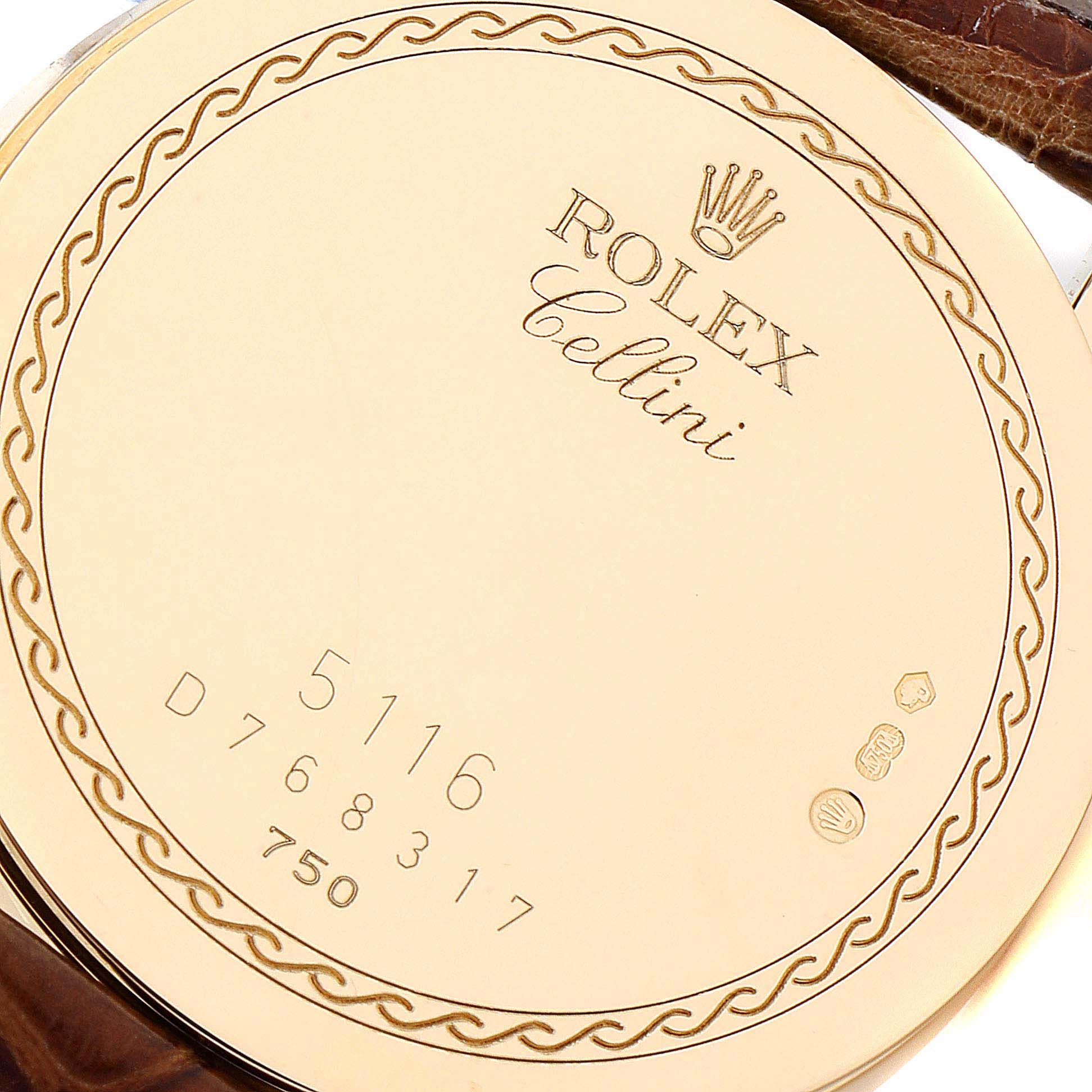 The image shows the back case of a Rolex Cellini 5116 Men's Yellow Gold Black Dial 5116 Men's Yellow Gold Black Dial model, displaying the brand name, model number, and serial number.