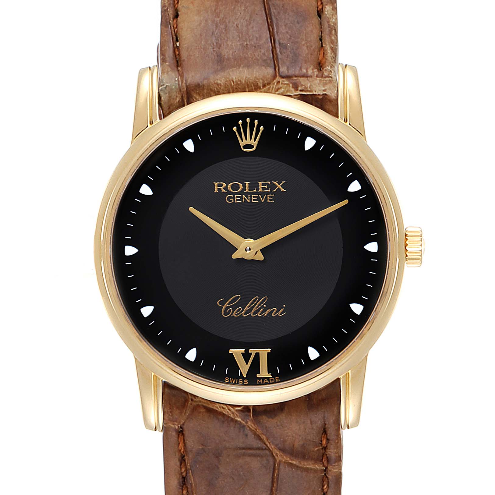 The image shows a Rolex Cellini 5116 Men's Yellow Gold Black Dial 5116 Men's Yellow Gold Black Dial watch in a front view, highlighting its black dial, gold case, and brown leather strap.
