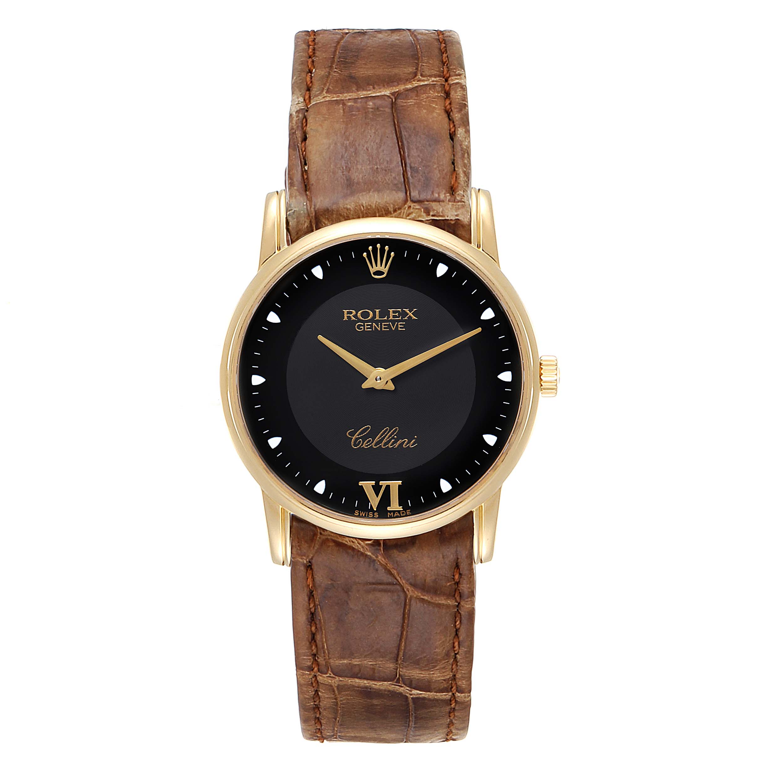 This image shows a front view of a Rolex Cellini 5116 Men's Yellow Gold Black Dial 5116 Men's Yellow Gold Black Dial watch featuring a black dial, gold case, and brown leather strap.