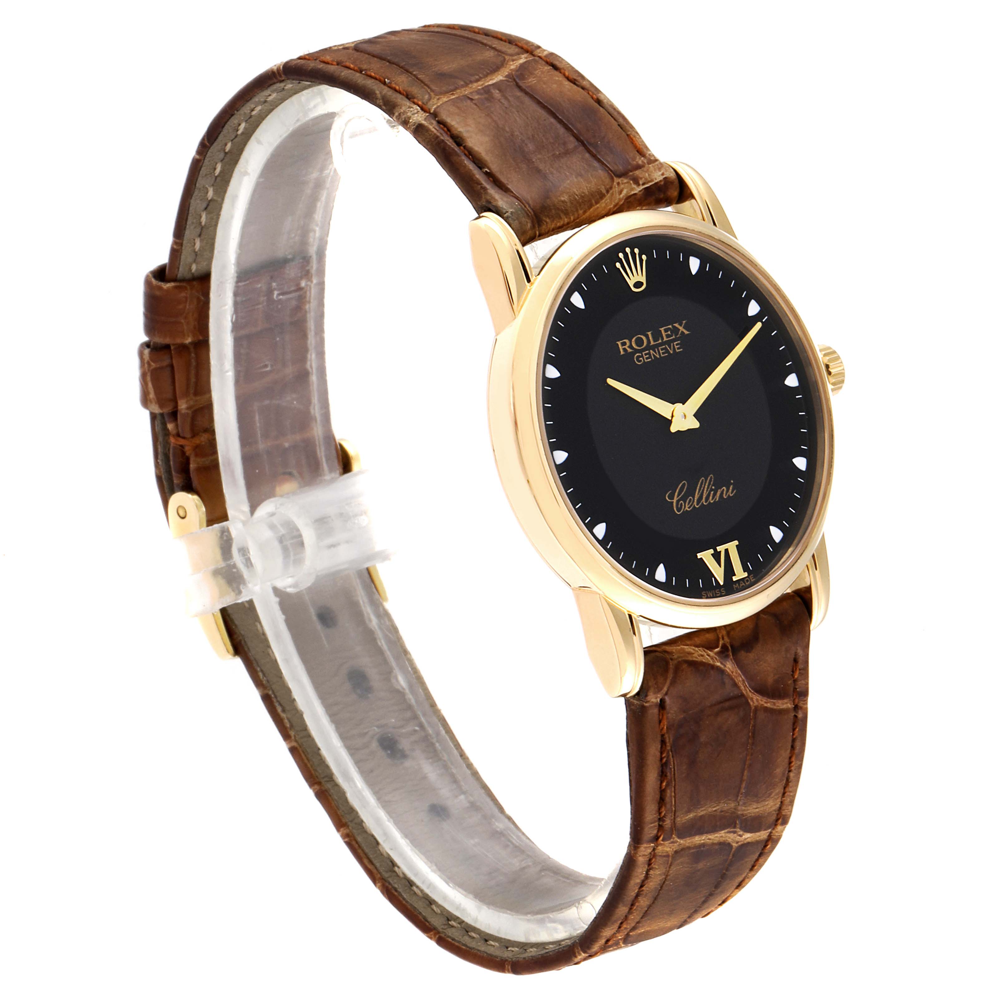 The Rolex Cellini 5116 Men's Yellow Gold Black Dial 5116 Men's Yellow Gold Black Dial watch is shown at an angle, highlighting its black dial, gold case, and brown leather strap.