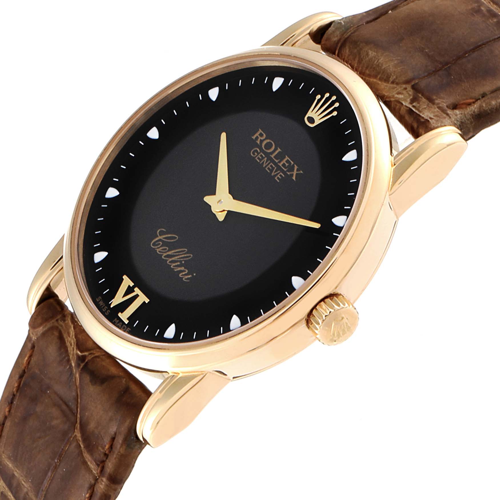 The image shows a Rolex Cellini 5116 Men's Yellow Gold Black Dial 5116 Men's Yellow Gold Black Dial watch at a slight angle, highlighting the black dial, gold-tone case, crown, and brown strap.